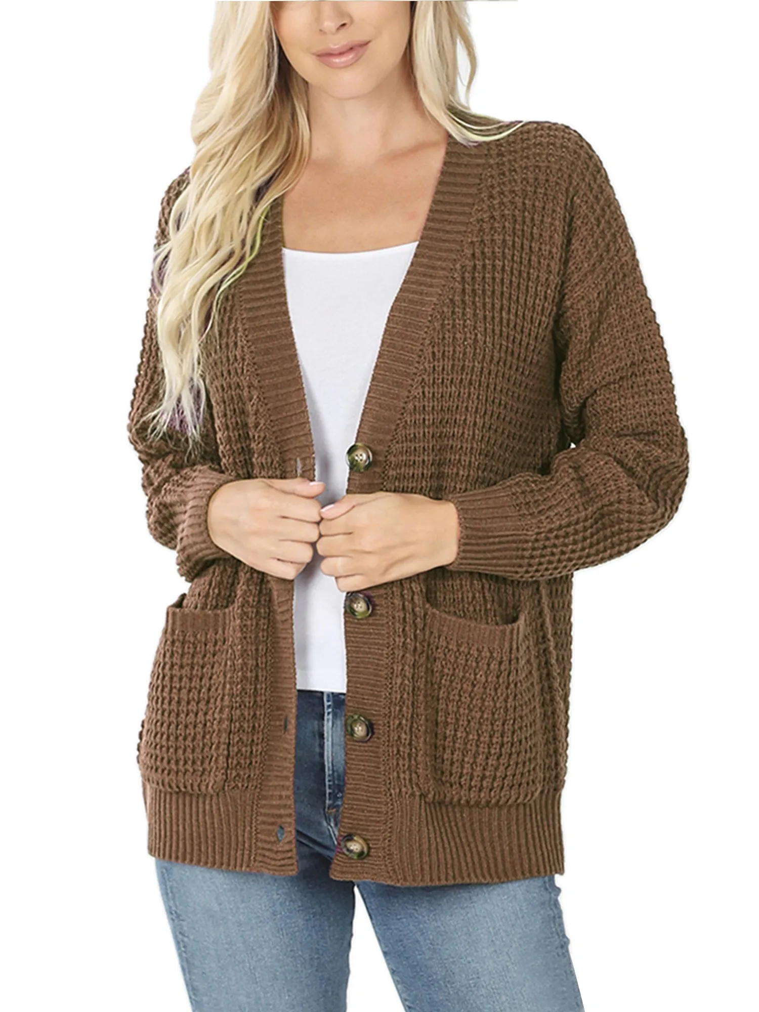 KOGMO Women's Waffle Knit Sweater Cardigans with Buttons and Pockets