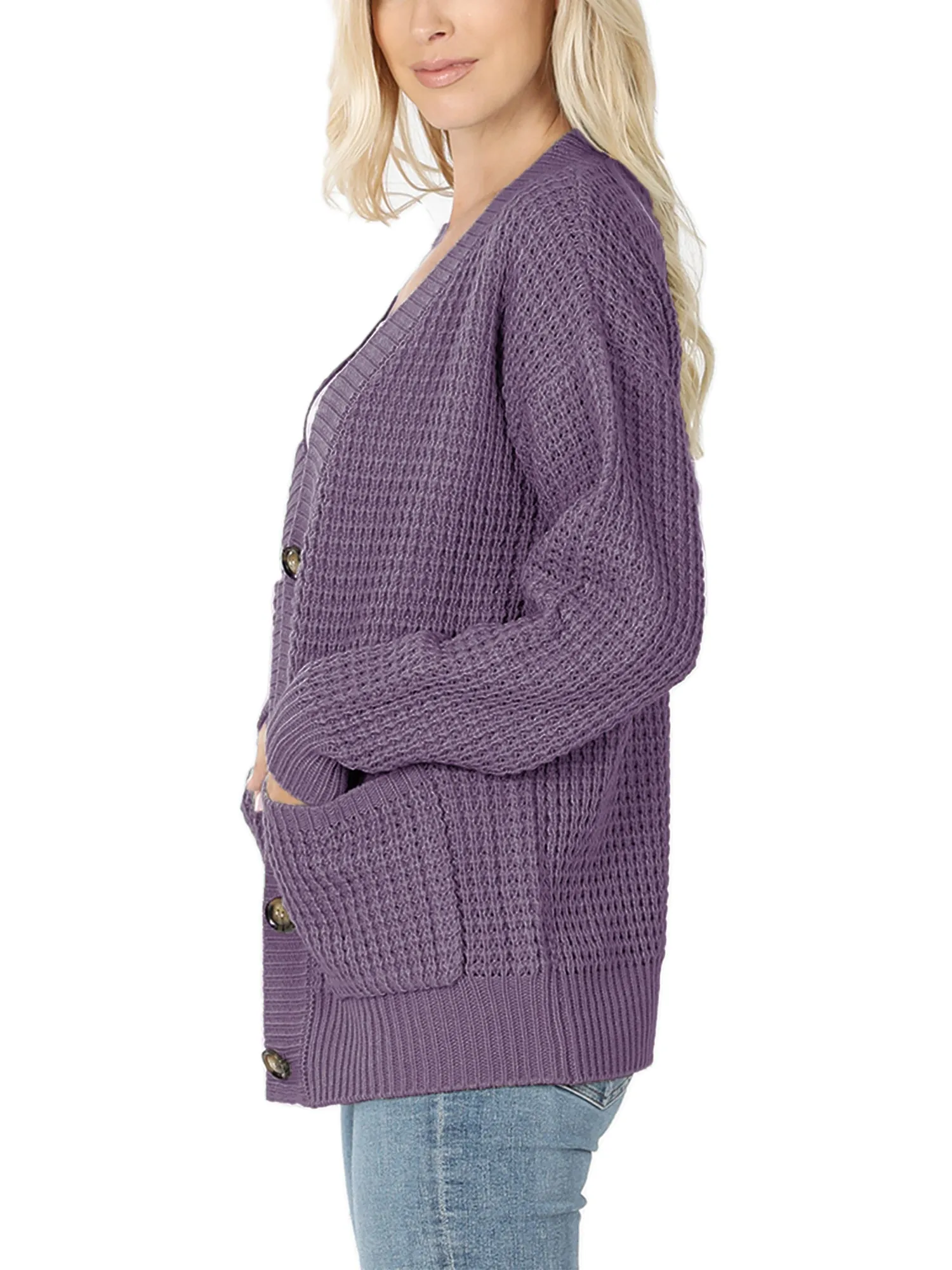 KOGMO Women's Waffle Knit Sweater Cardigans with Buttons and Pockets