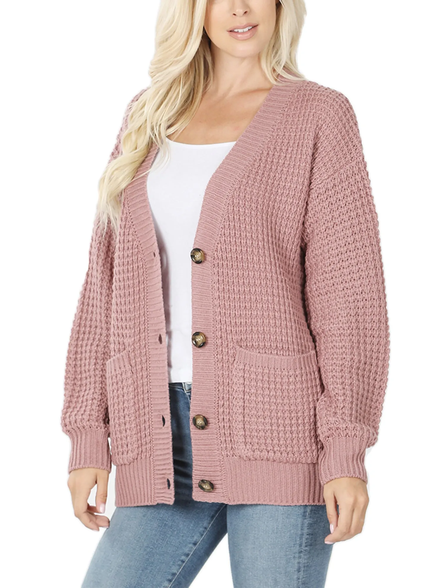 KOGMO Women's Waffle Knit Sweater Cardigans with Buttons and Pockets