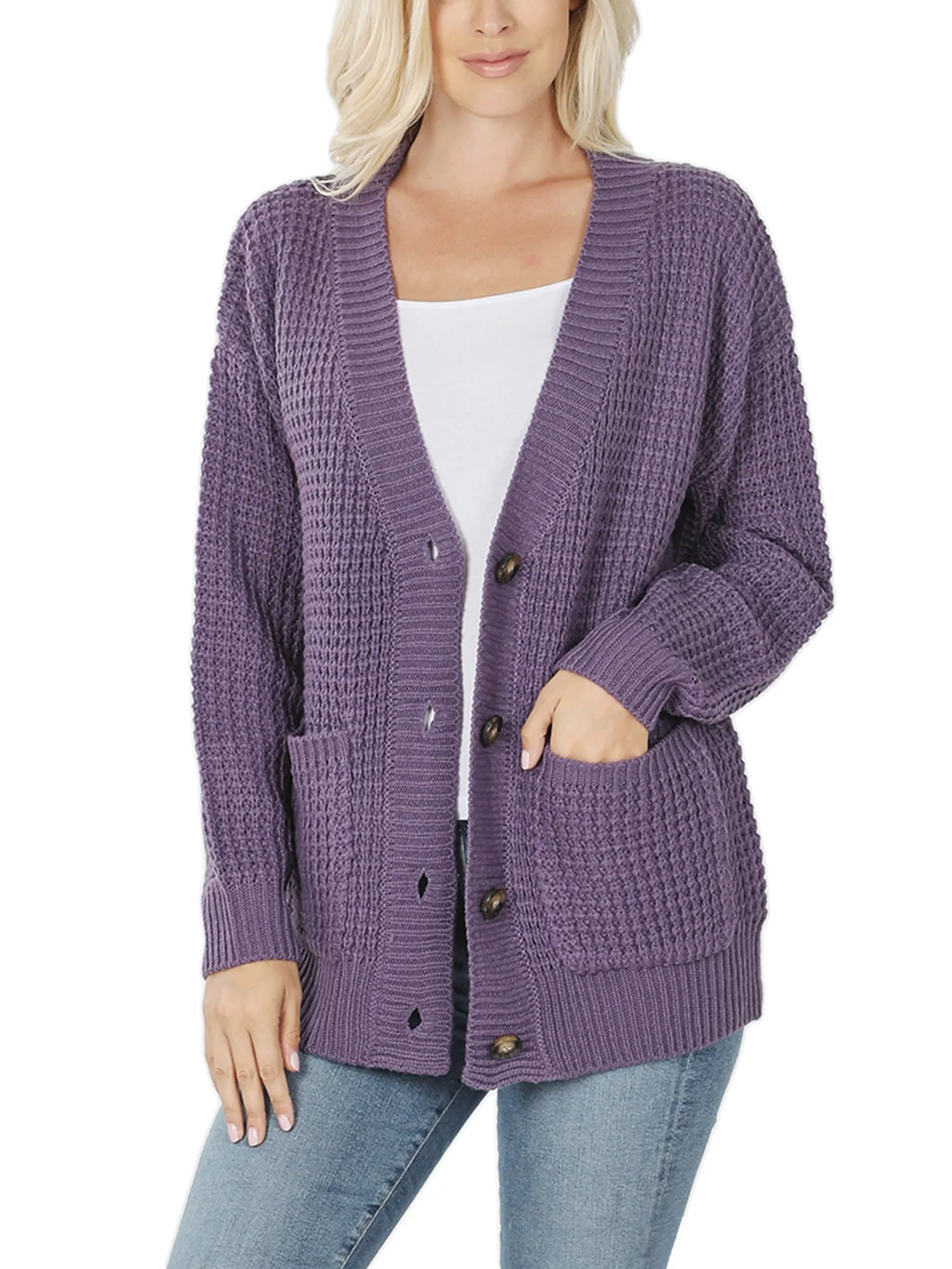 KOGMO Women's Waffle Knit Sweater Cardigans with Buttons and Pockets