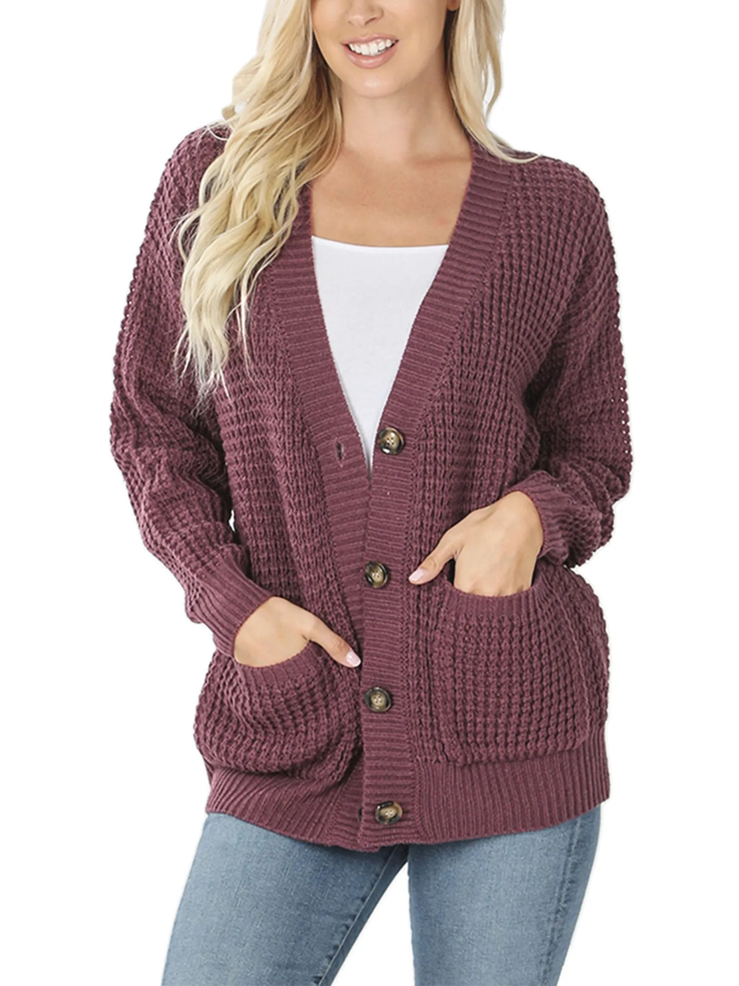 KOGMO Women's Waffle Knit Sweater Cardigans with Buttons and Pockets