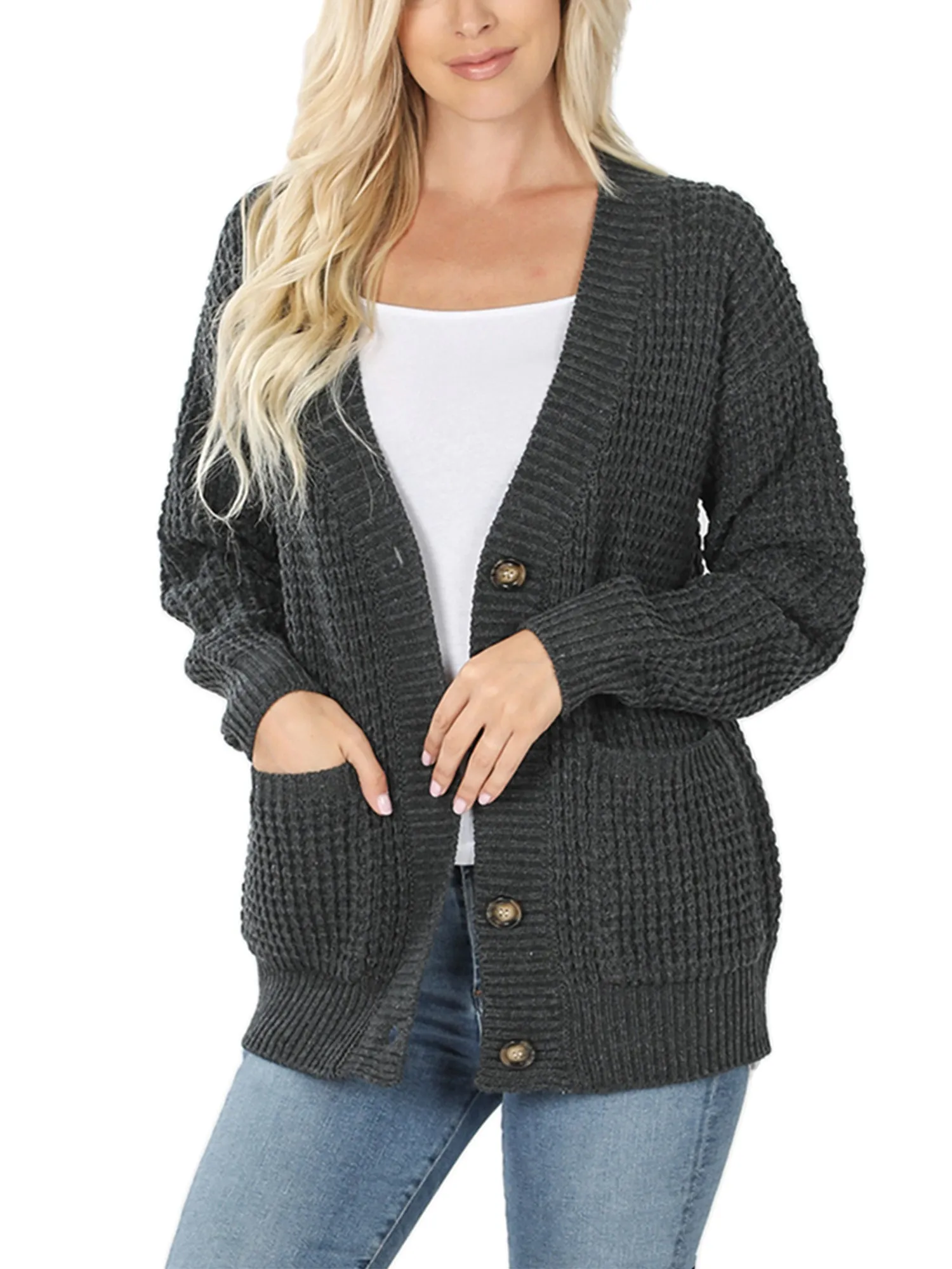 KOGMO Women's Waffle Knit Sweater Cardigans with Buttons and Pockets