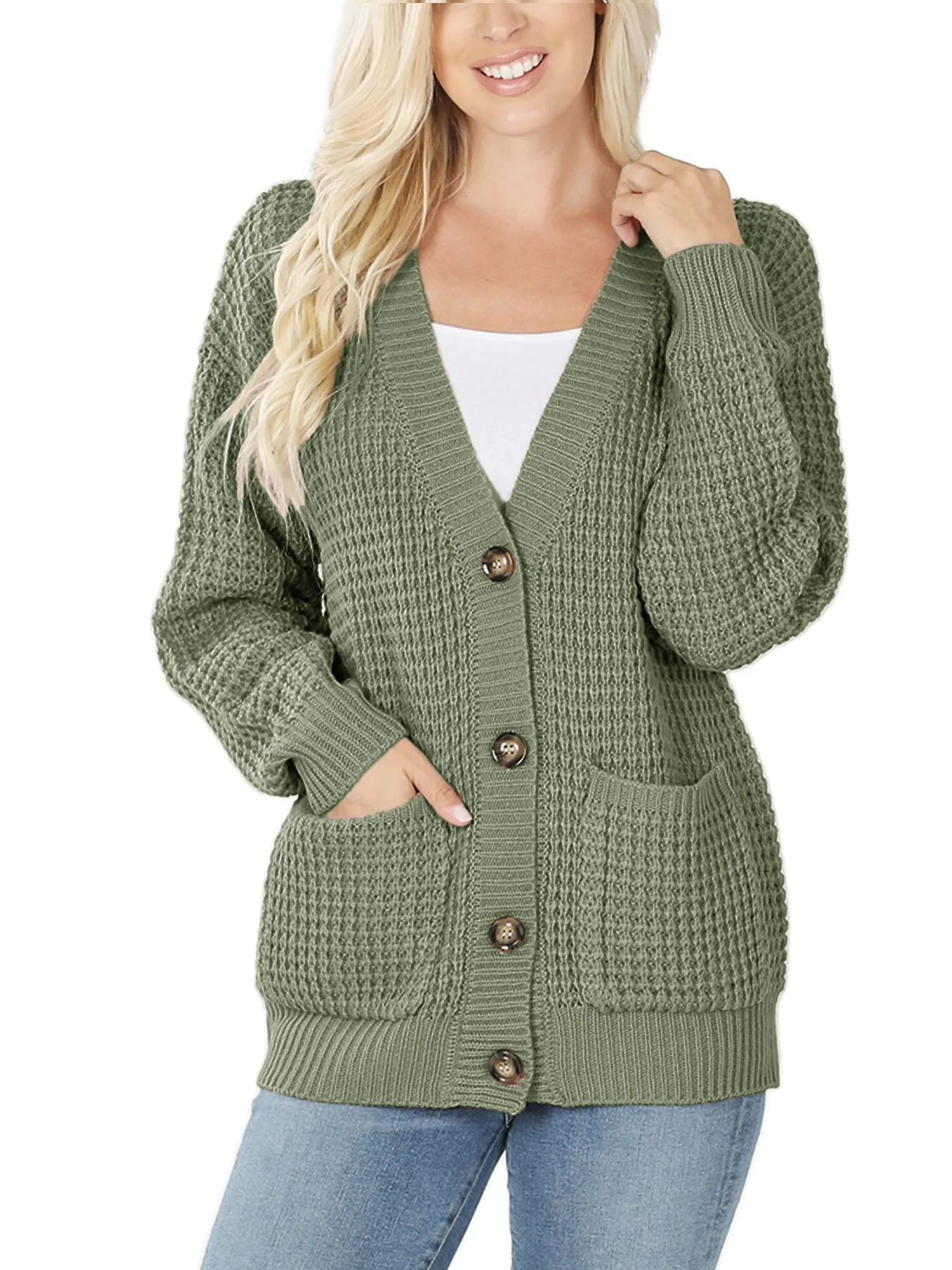 KOGMO Women's Waffle Knit Sweater Cardigans with Buttons and Pockets