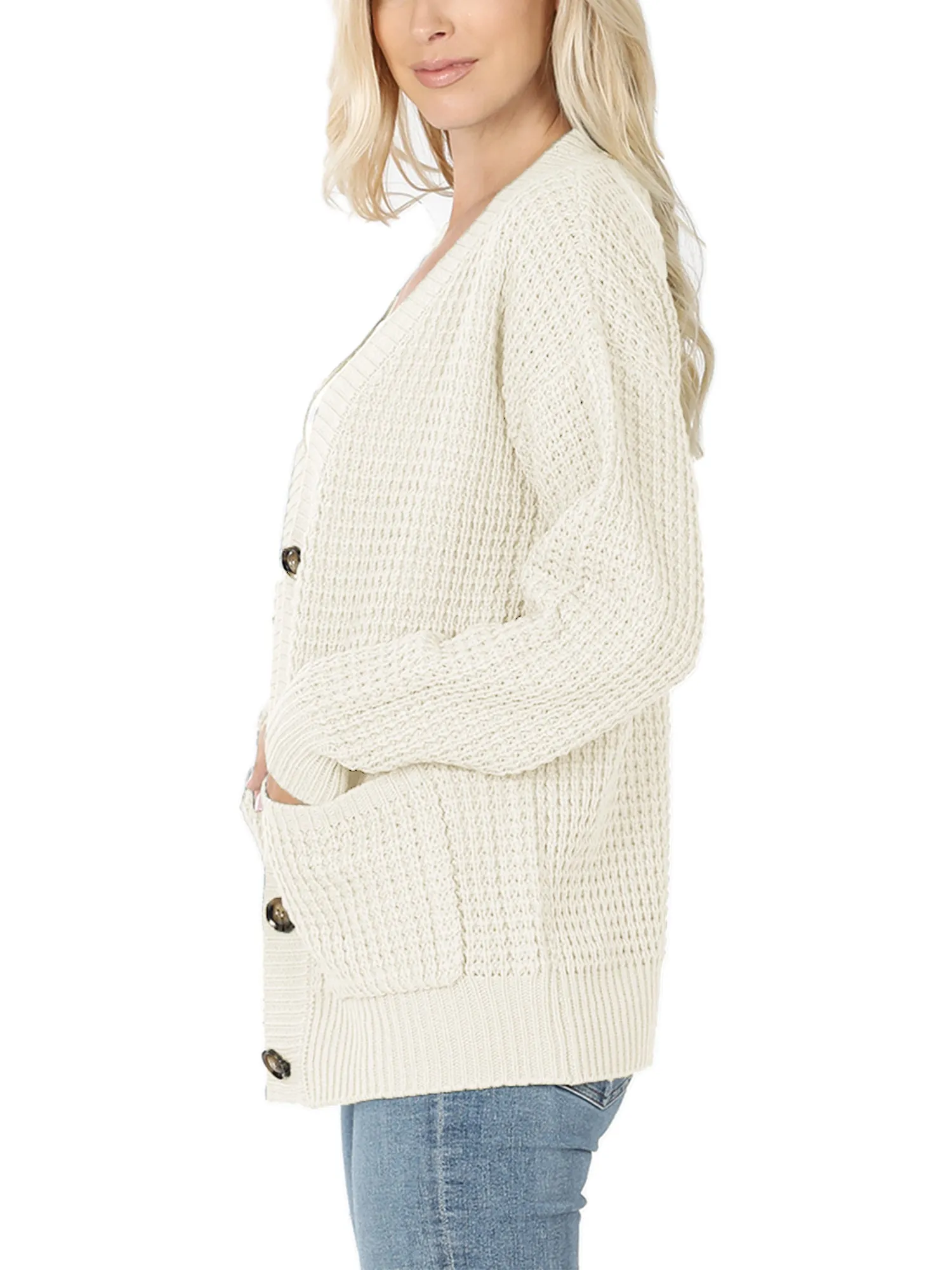 KOGMO Women's Waffle Knit Sweater Cardigans with Buttons and Pockets