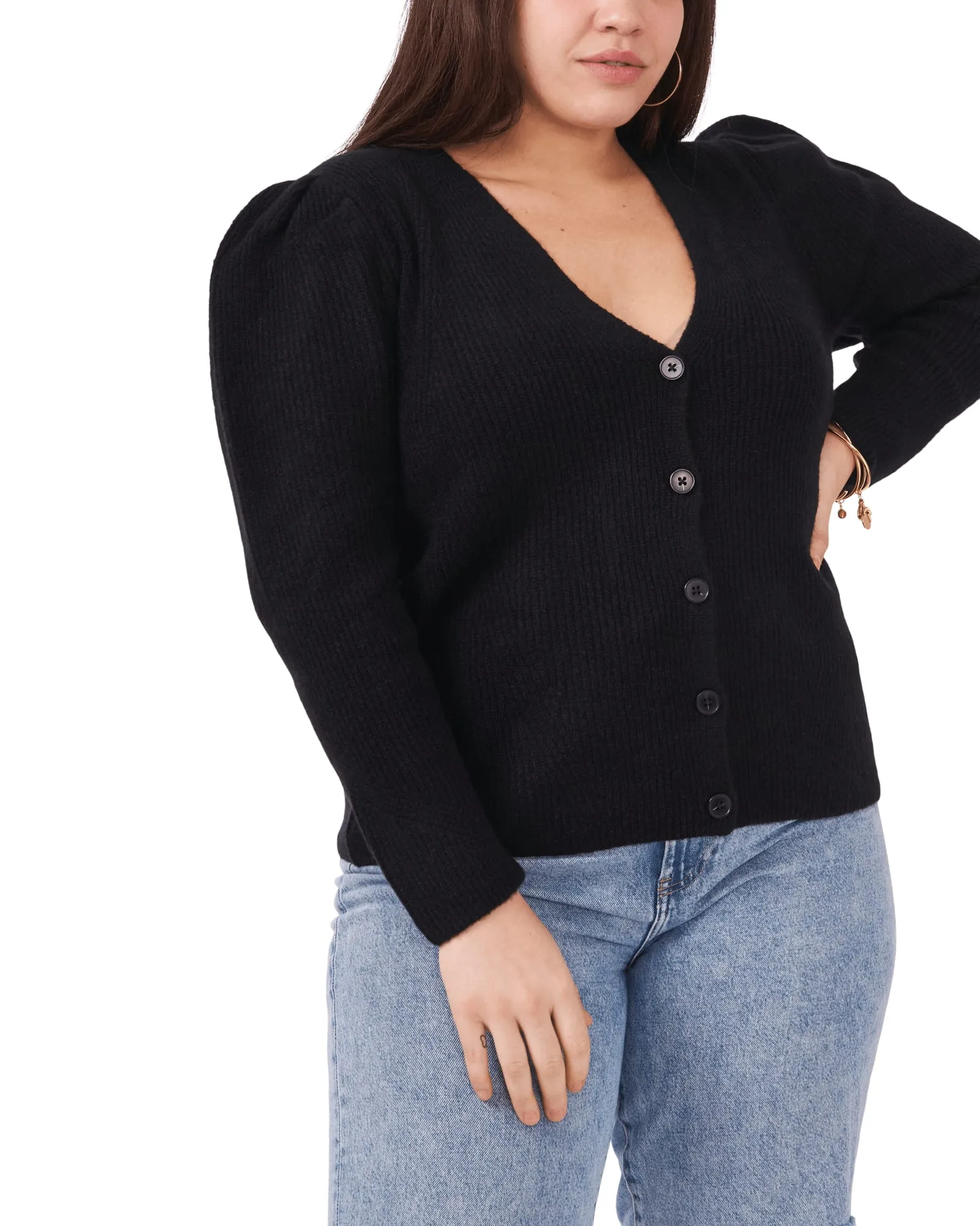 Lara Puff Sleeve Cardigan | RICH BLACK-060