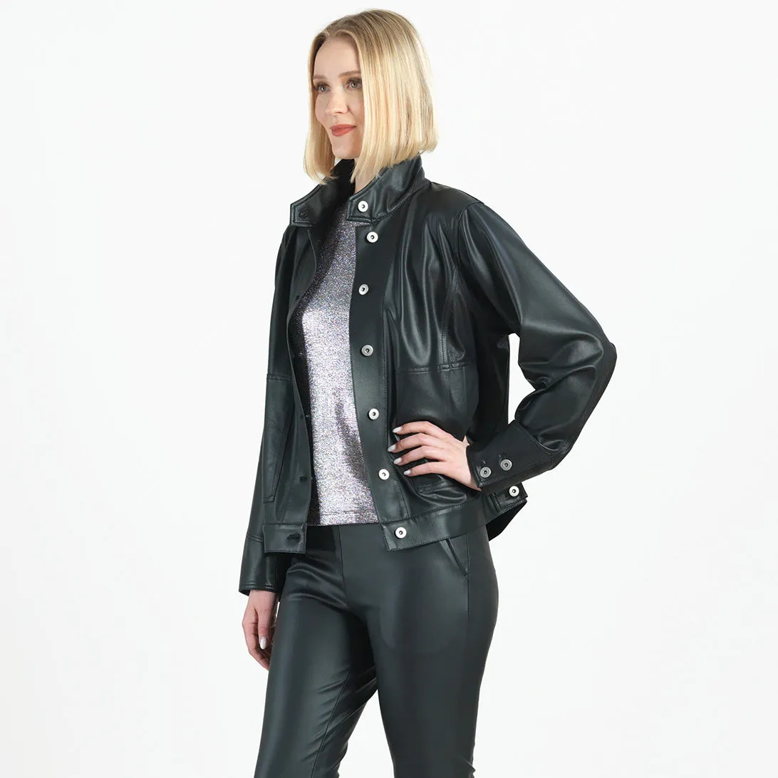 Liquid Leather™ Sheen Button Closure Pocket Jacket - Black