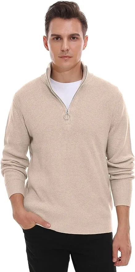 Men's Soft Sweaters Quarter Zip Pullover Classic Ribbed Turtleneck Sweater - Beige