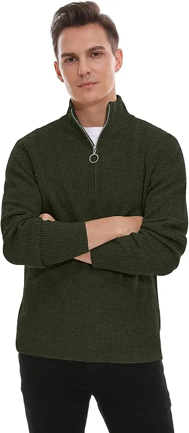 Men's Soft Sweaters Quarter Zip Pullover Classic Ribbed Turtleneck Sweater - Green