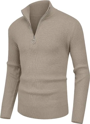 Men's Soft Sweaters Quarter Zip Pullover Classic Ribbed Turtleneck Sweater - Khaki