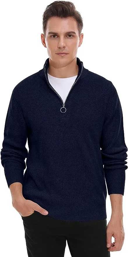 Men's Soft Sweaters Quarter Zip Pullover Classic Ribbed Turtleneck Sweater - Navy