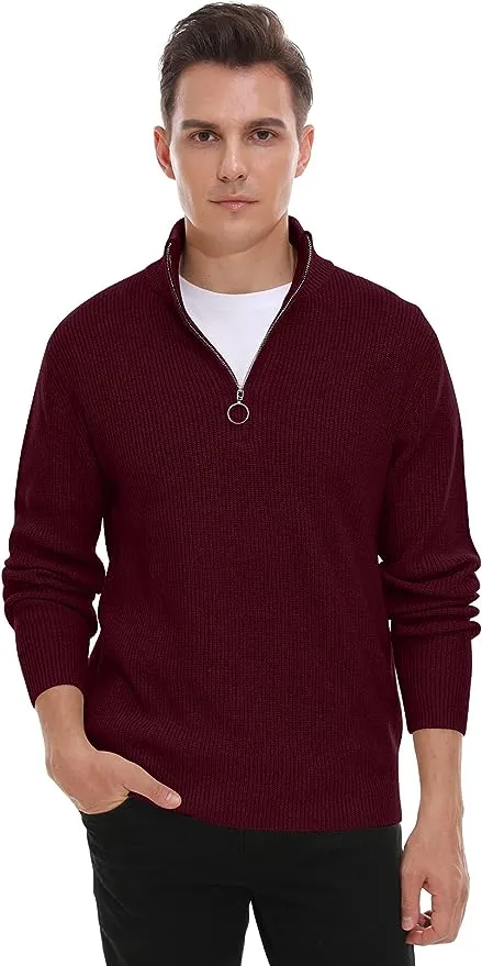 Men's Soft Sweaters Quarter Zip Pullover Classic Ribbed Turtleneck Sweater - Red Wine