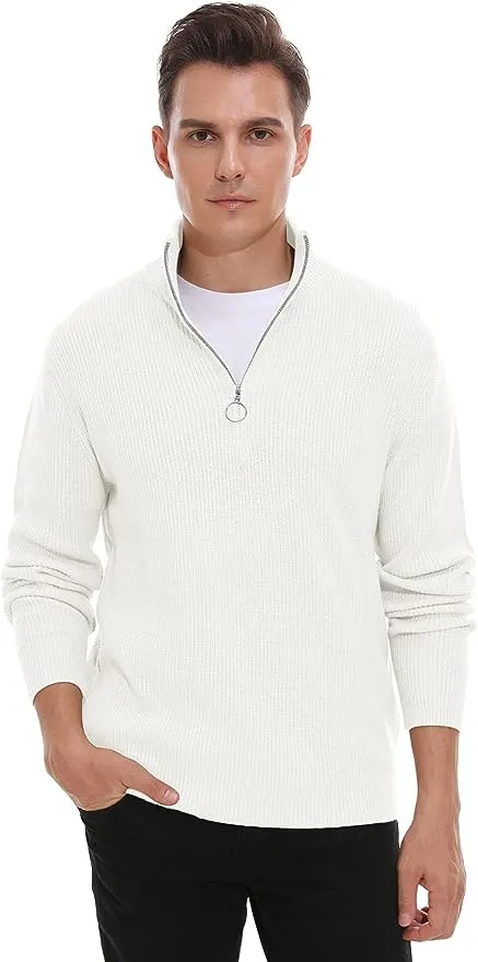 Men's Soft Sweaters Quarter Zip Pullover Classic Ribbed Turtleneck Sweater - White