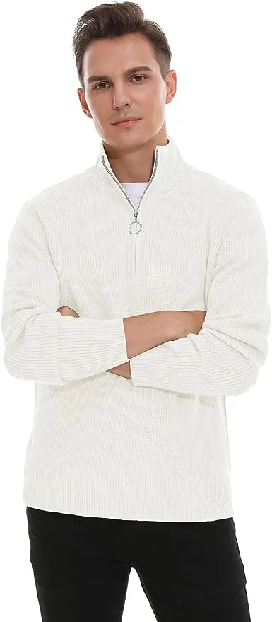 Men's Soft Sweaters Quarter Zip Pullover Classic Ribbed Turtleneck Sweater - White