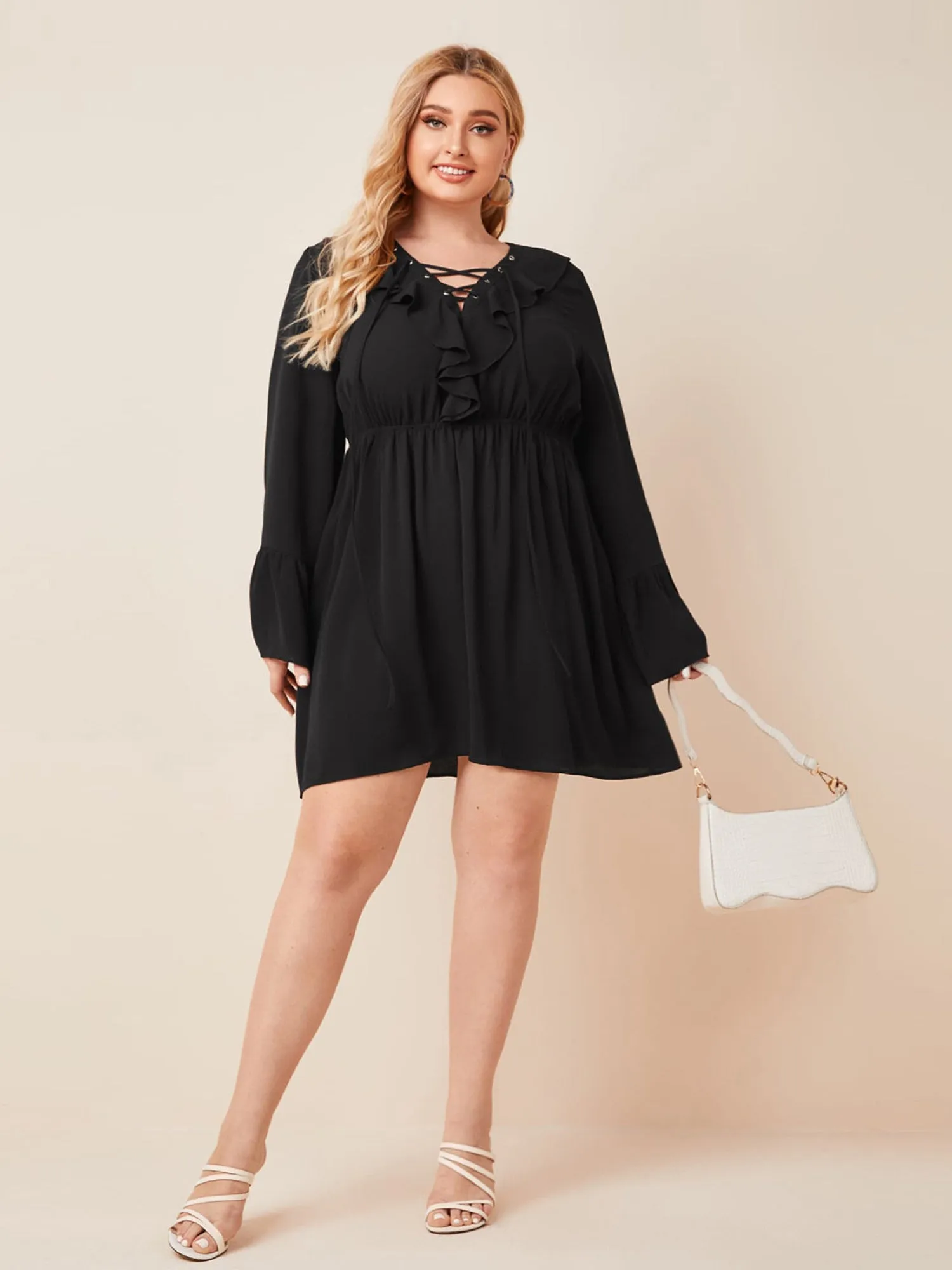 Midsize Ruffle Lace-up Flared Sleeve Dress