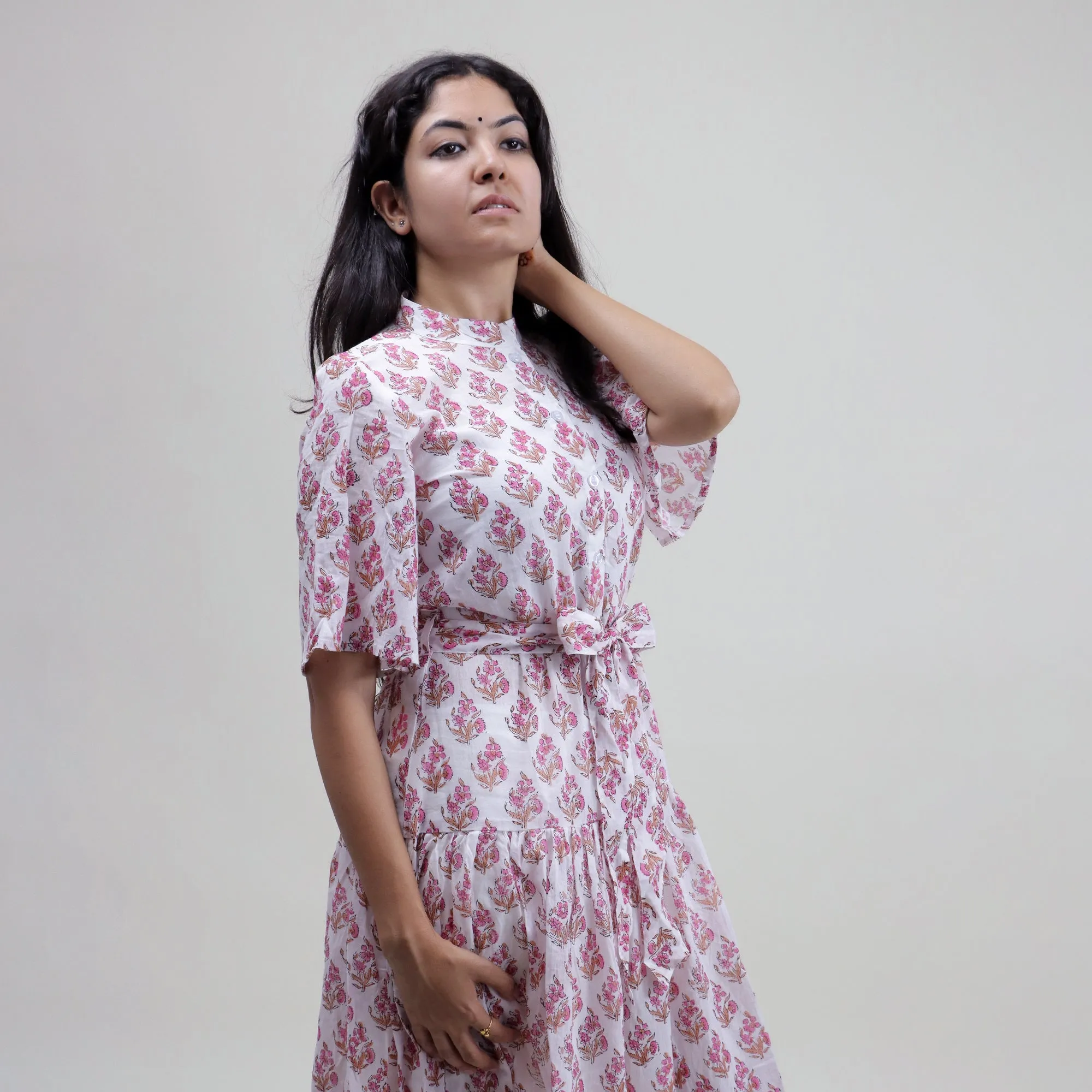 Pink Floral Printed Soft Stylish Midi Dress