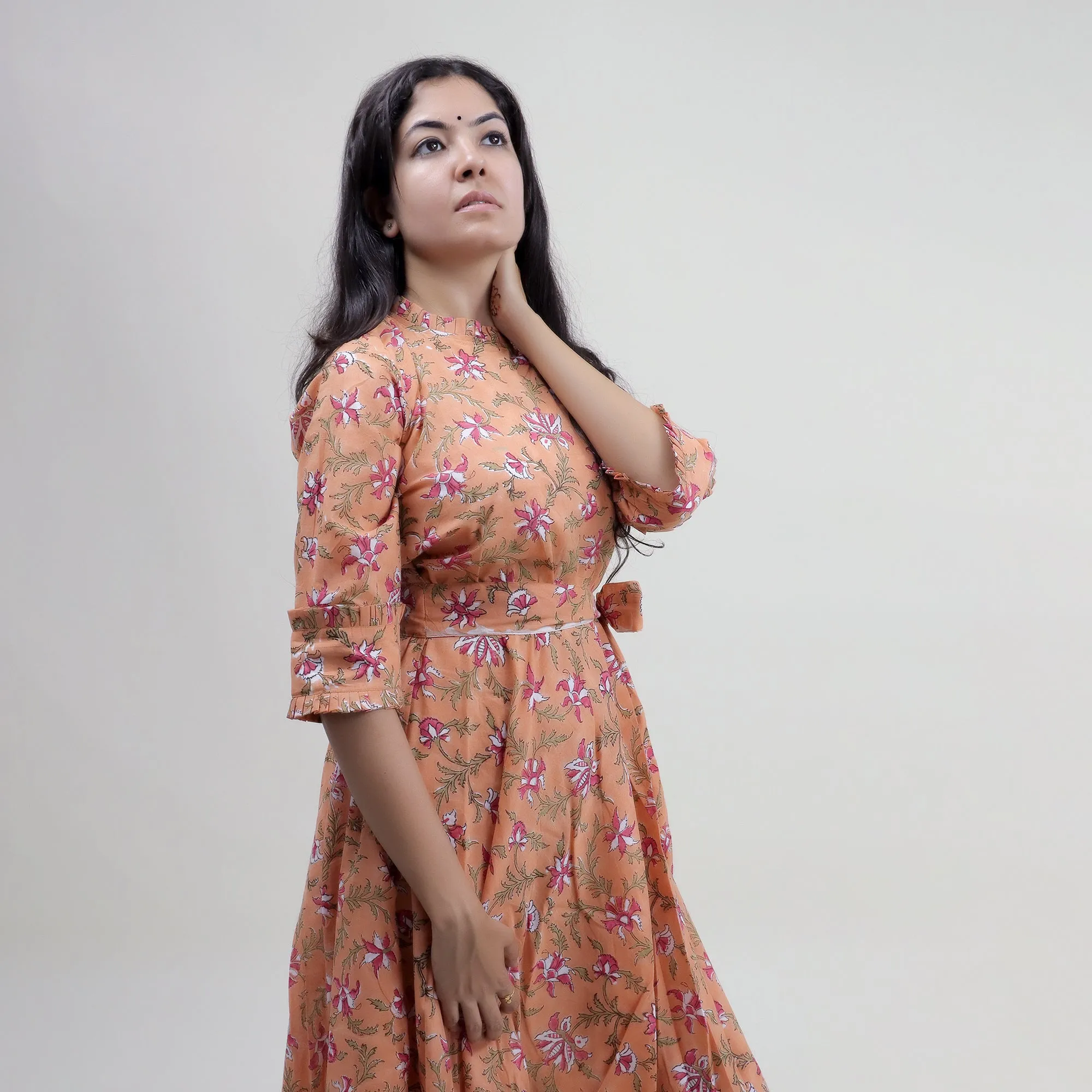 Pink Hand Block Floral Printed Soft Cotton Midi Dresses For Women