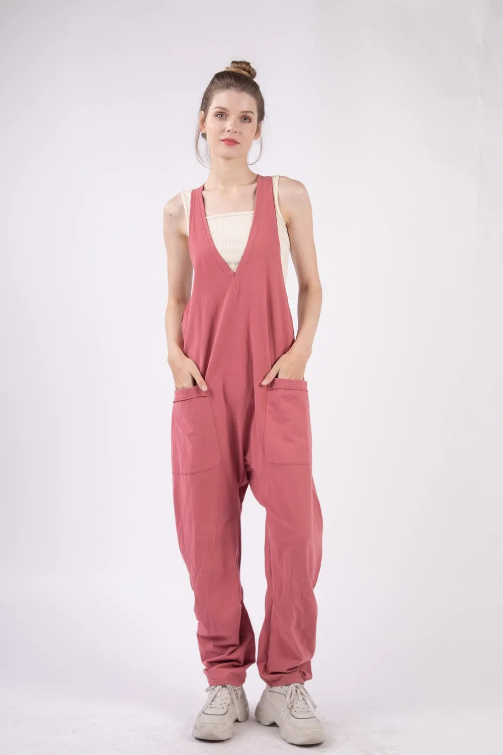 Plunge Sleeveless Jumpsuit with Pockets