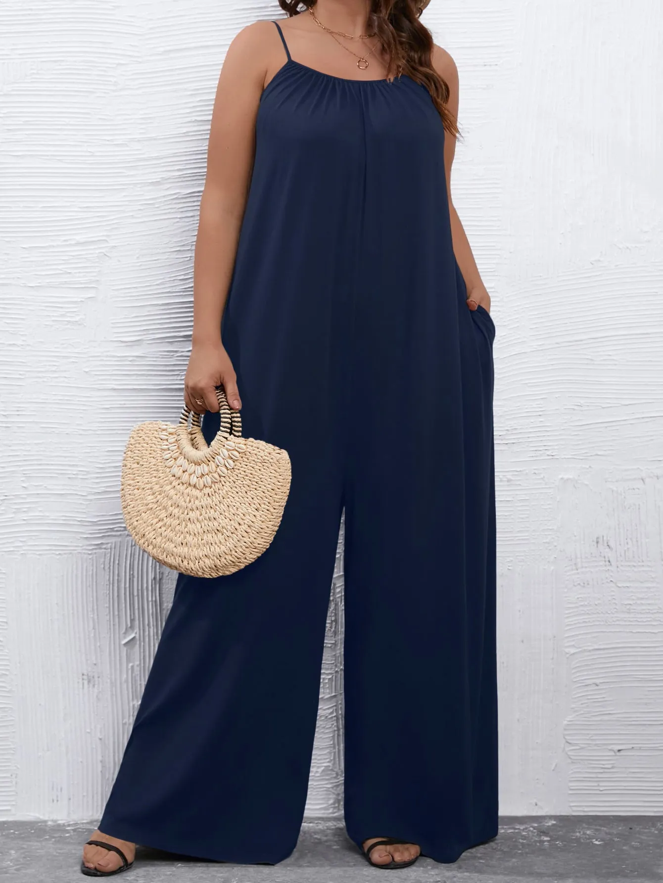 Plus Solid Wide Leg Cami Jumpsuit