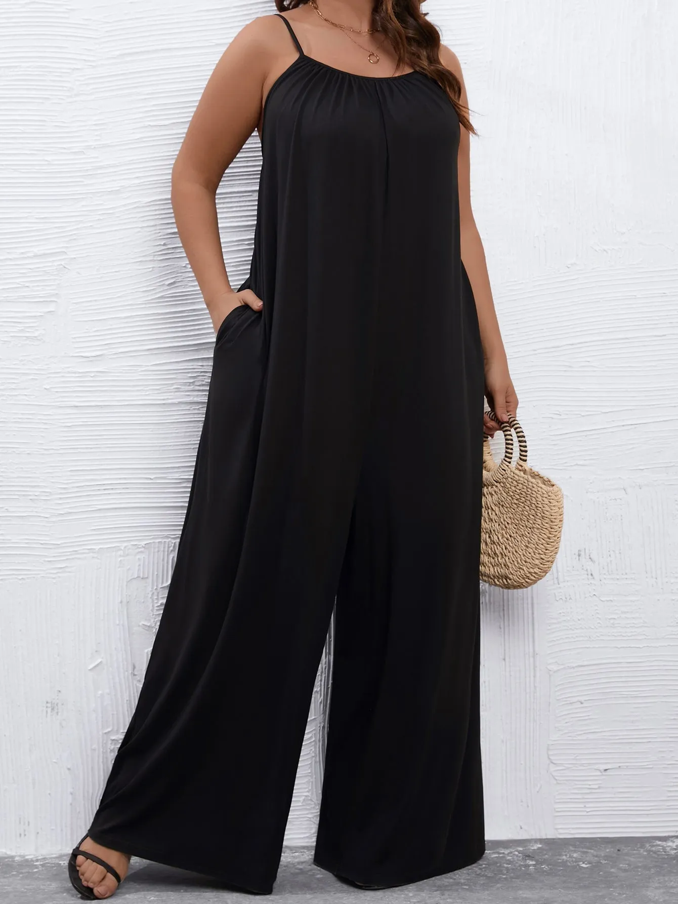 Plus Solid Wide Leg Cami Jumpsuit