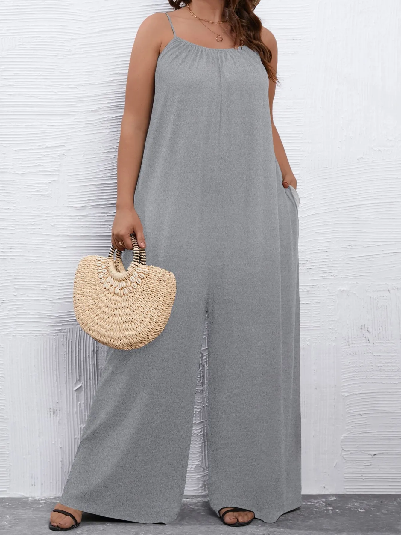 Plus Solid Wide Leg Cami Jumpsuit