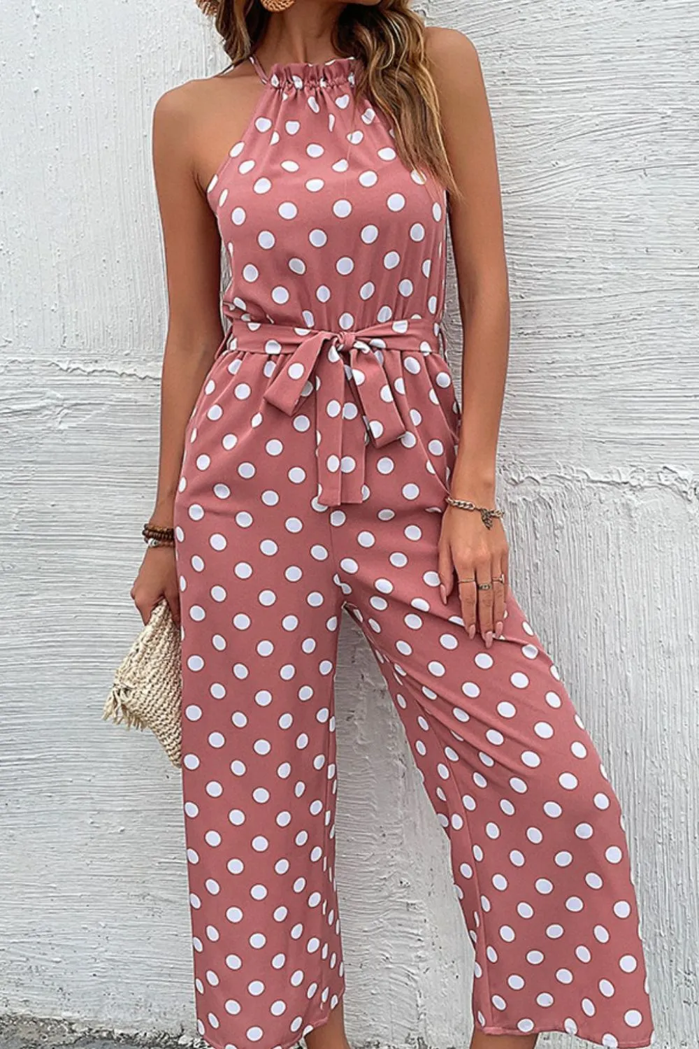 Polka Dot Grecian Wide Leg Jumpsuit