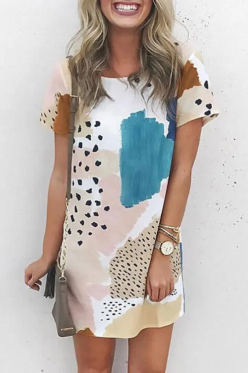 Print Patchwork O Neck T Shirt Dress