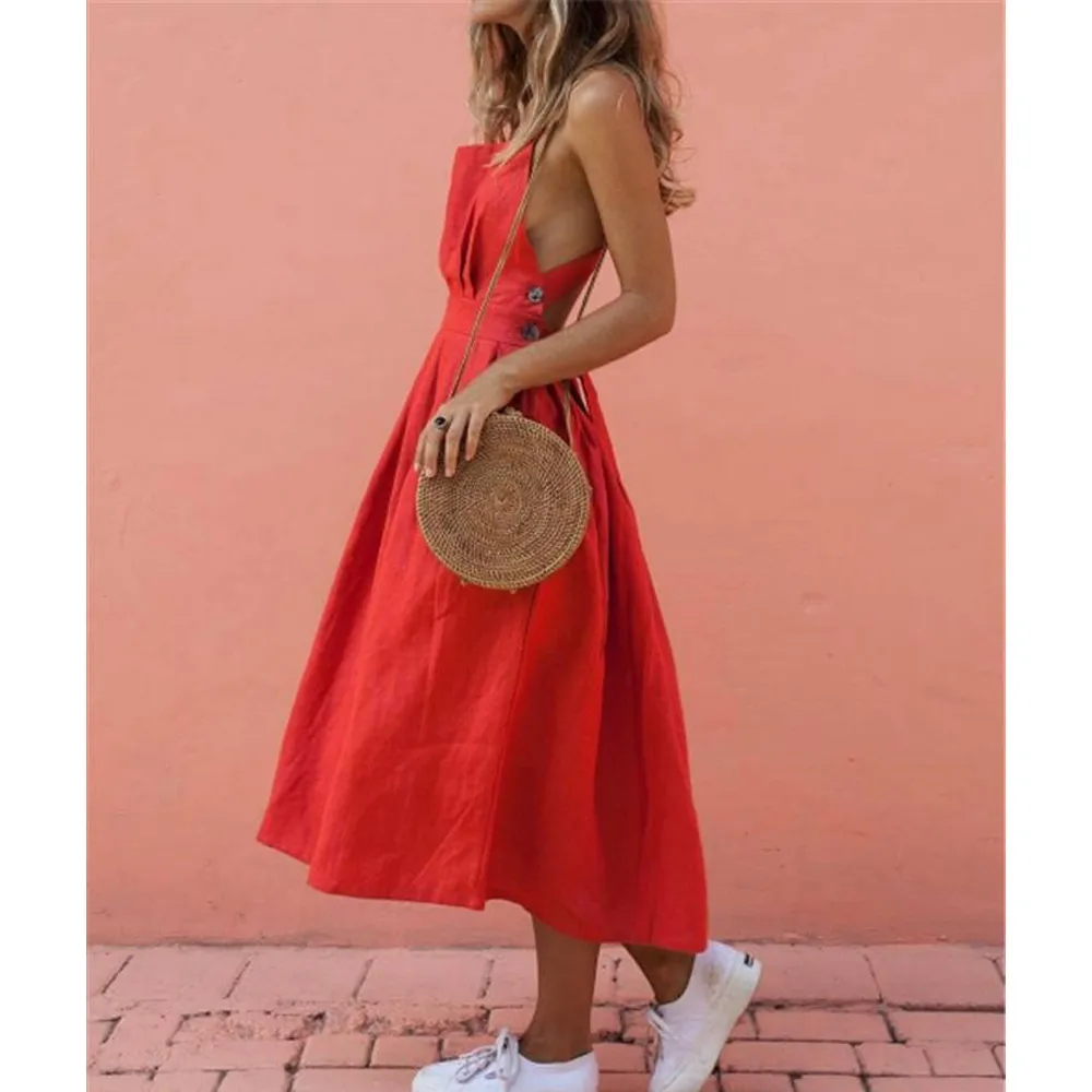 Red Women Straps Midi Length Dresses