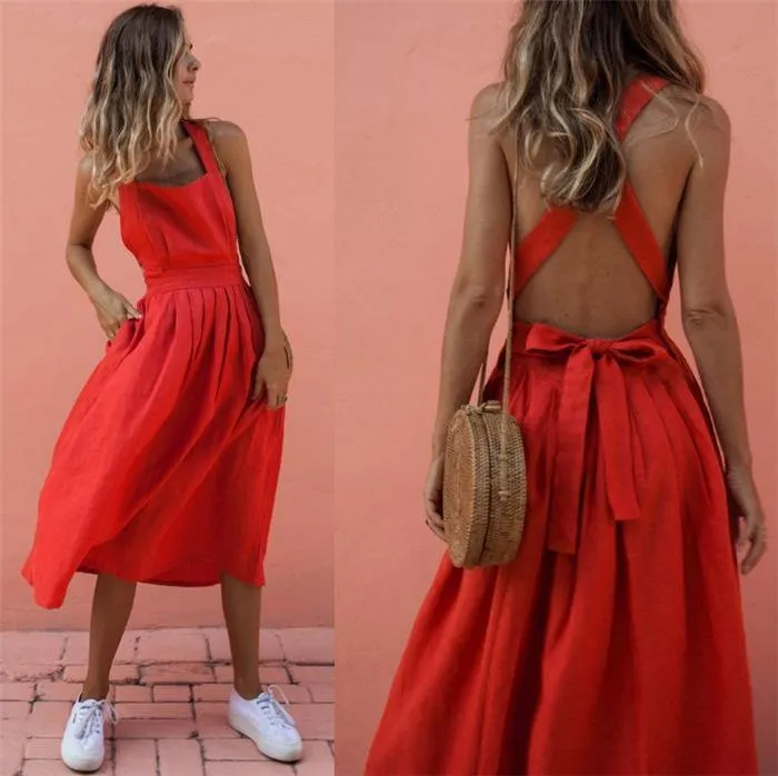 Red Women Straps Midi Length Dresses