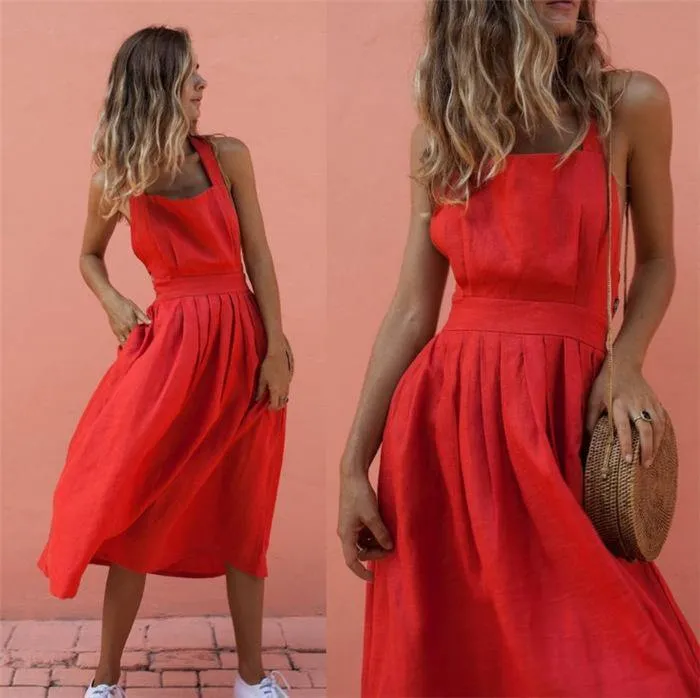 Red Women Straps Midi Length Dresses