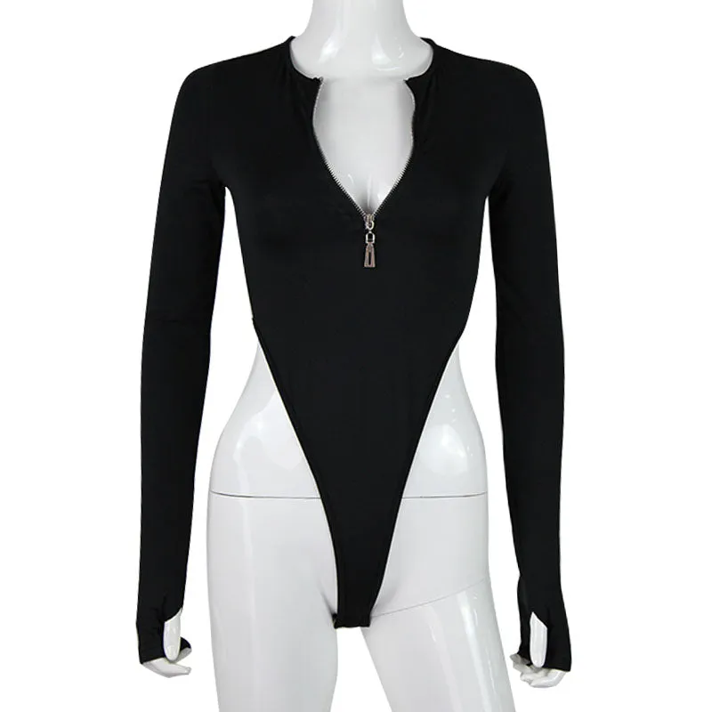 Sabina Sexy Triangle Style Zipper Long Sleeve Bodysuit