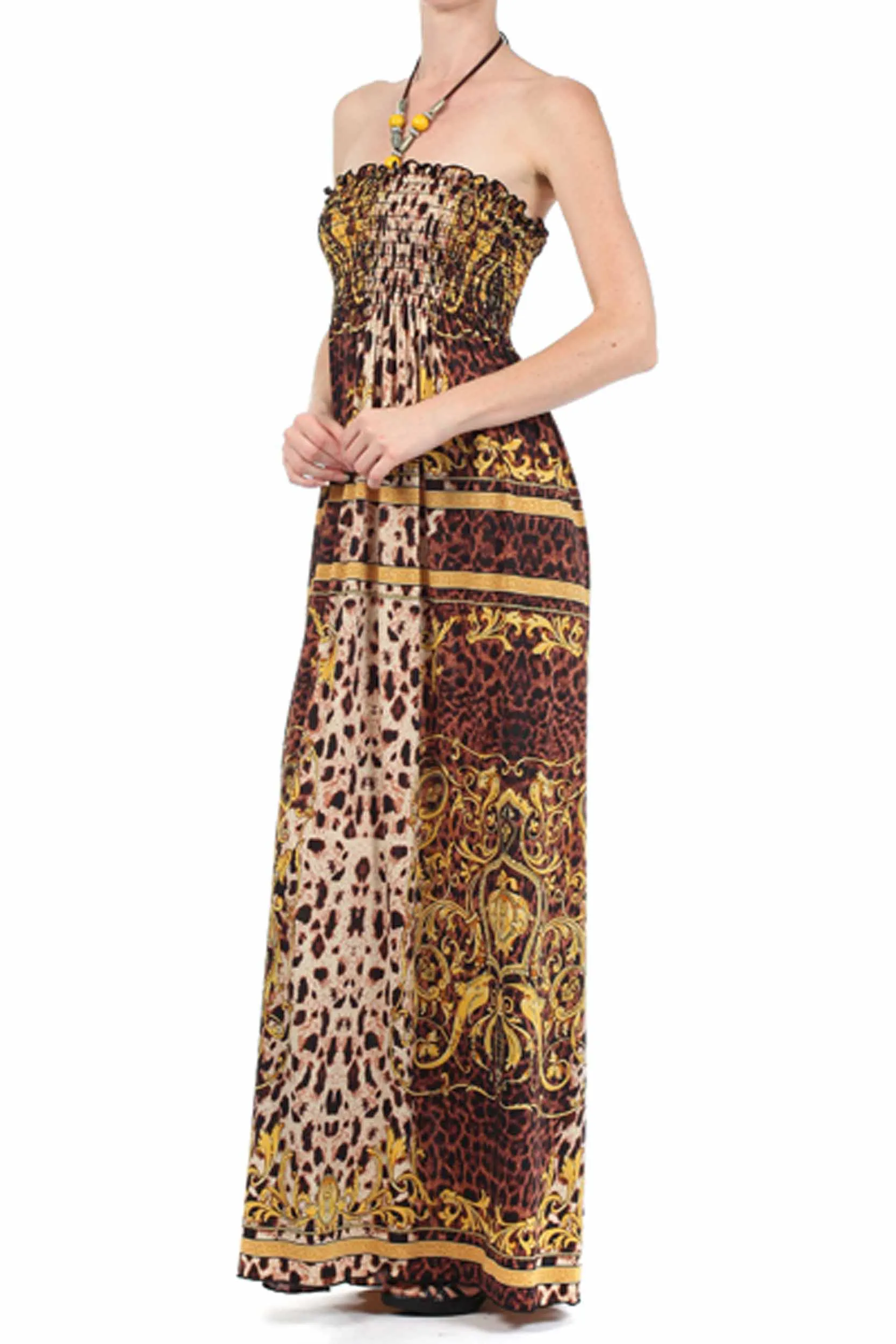 Sakkas Leopard Print Beaded Halter Smocked Bodice Maxi Dress