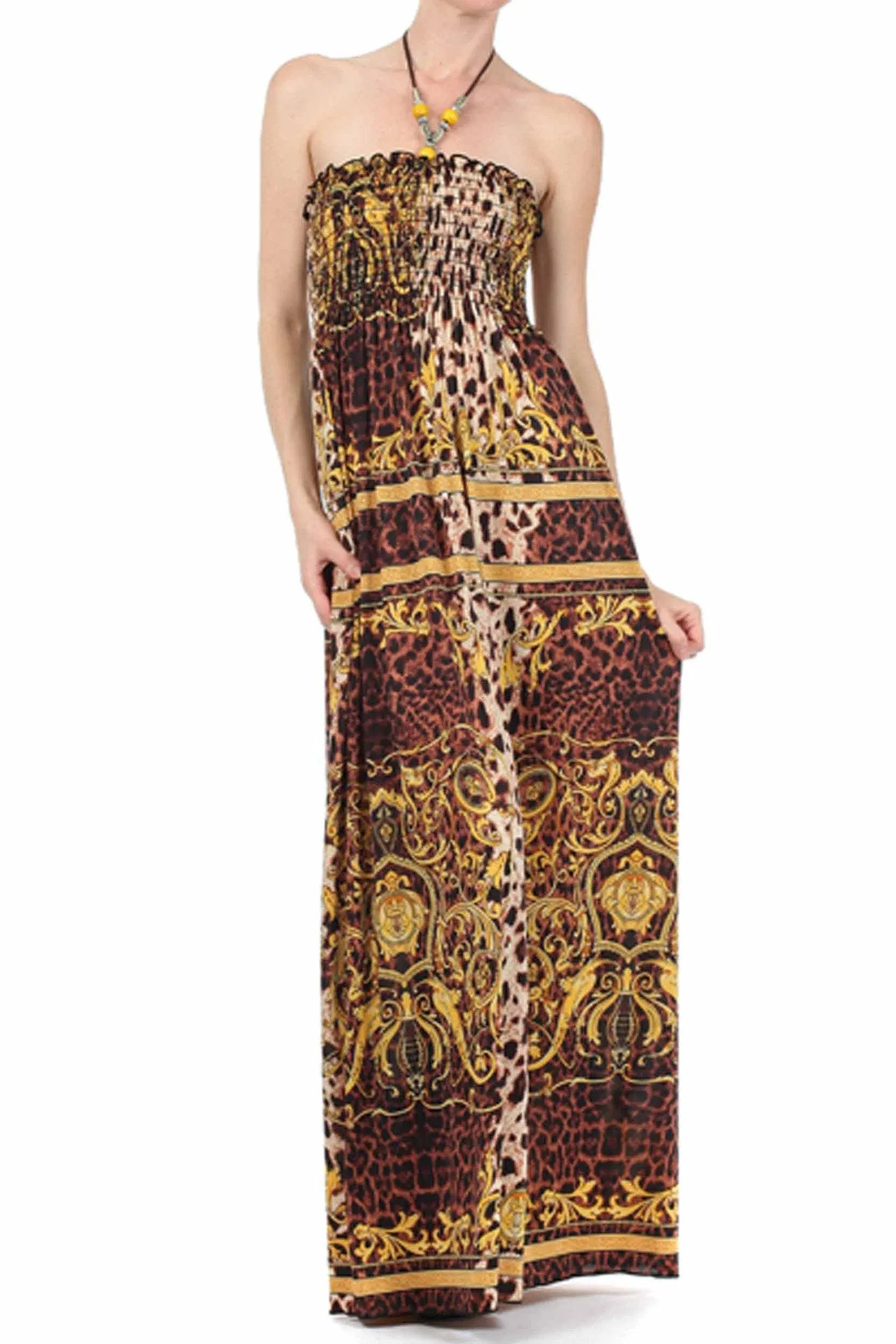 Sakkas Leopard Print Beaded Halter Smocked Bodice Maxi Dress