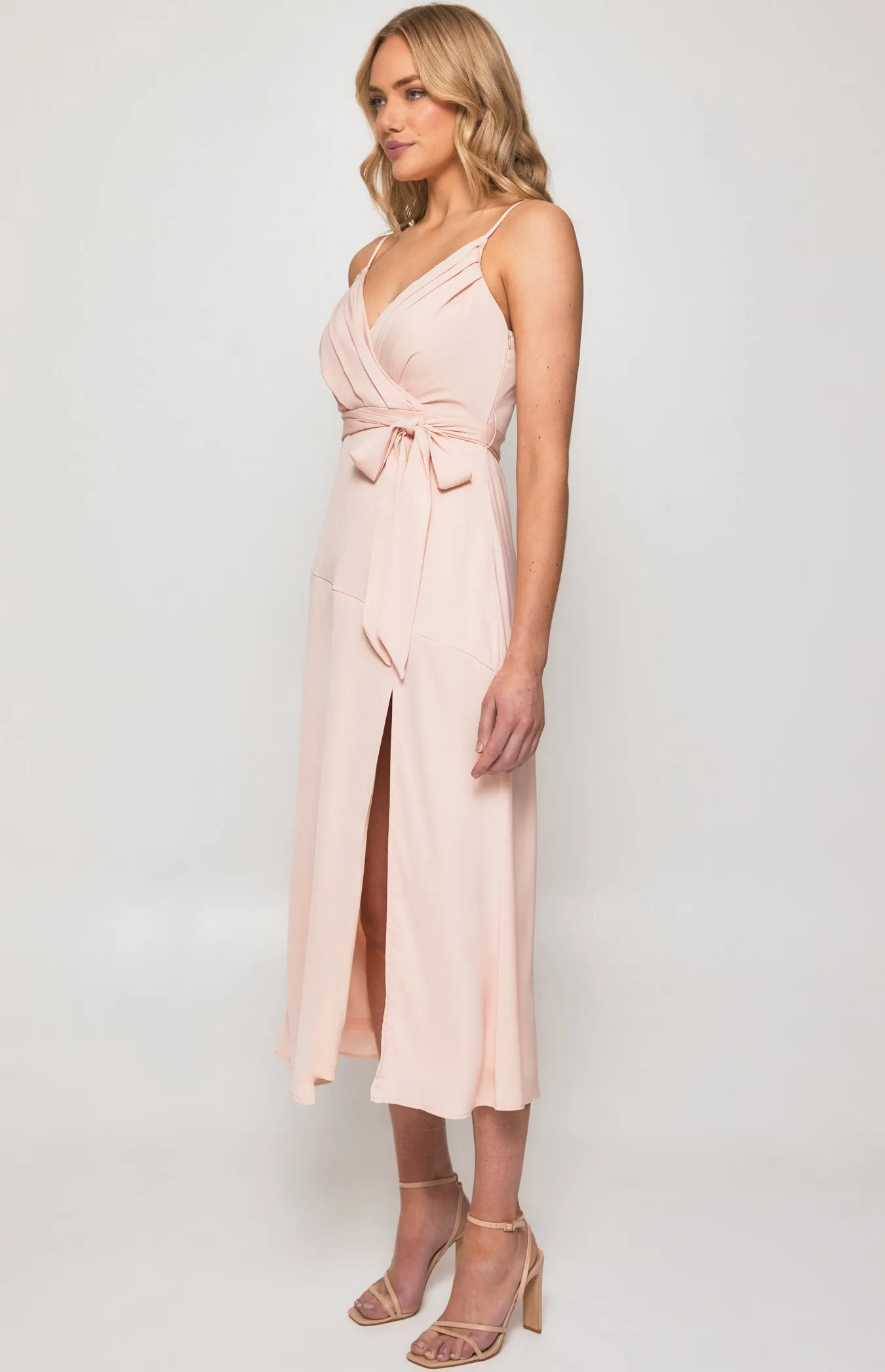 Satin Midi Dress with Pleated Front Detail and Split