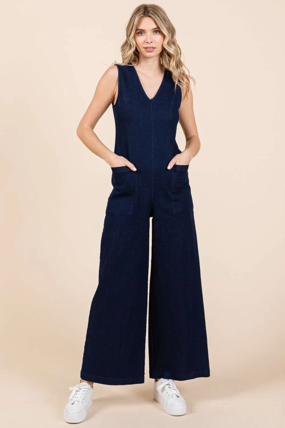 Sleeveless Wide Leg Denim Jumpsuit