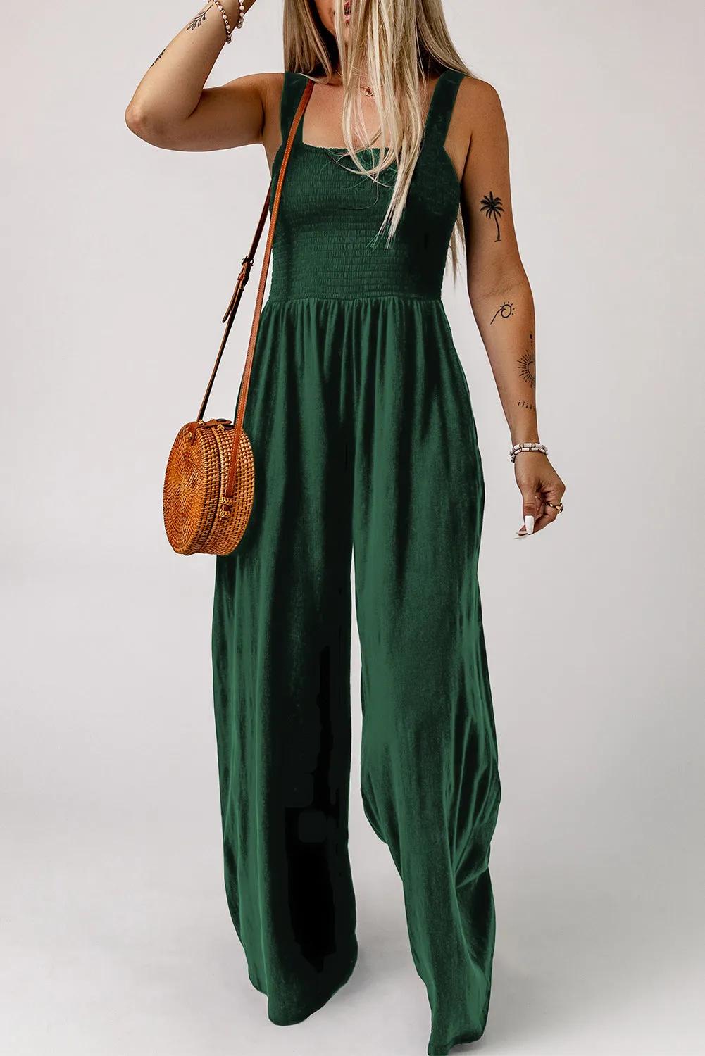 Smocked Square Neck Wide Leg Jumpsuit with Pockets