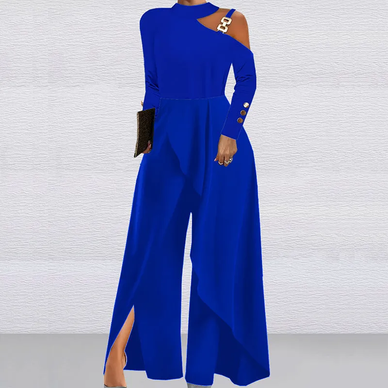 Solid Color Long Sleeved off Shoulder Women Elegant Party Wide Leg Jumpsuit