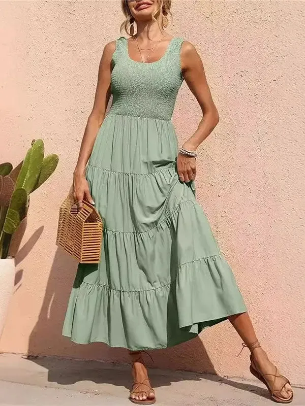 Solid Color Pleated Halter Swing Dress