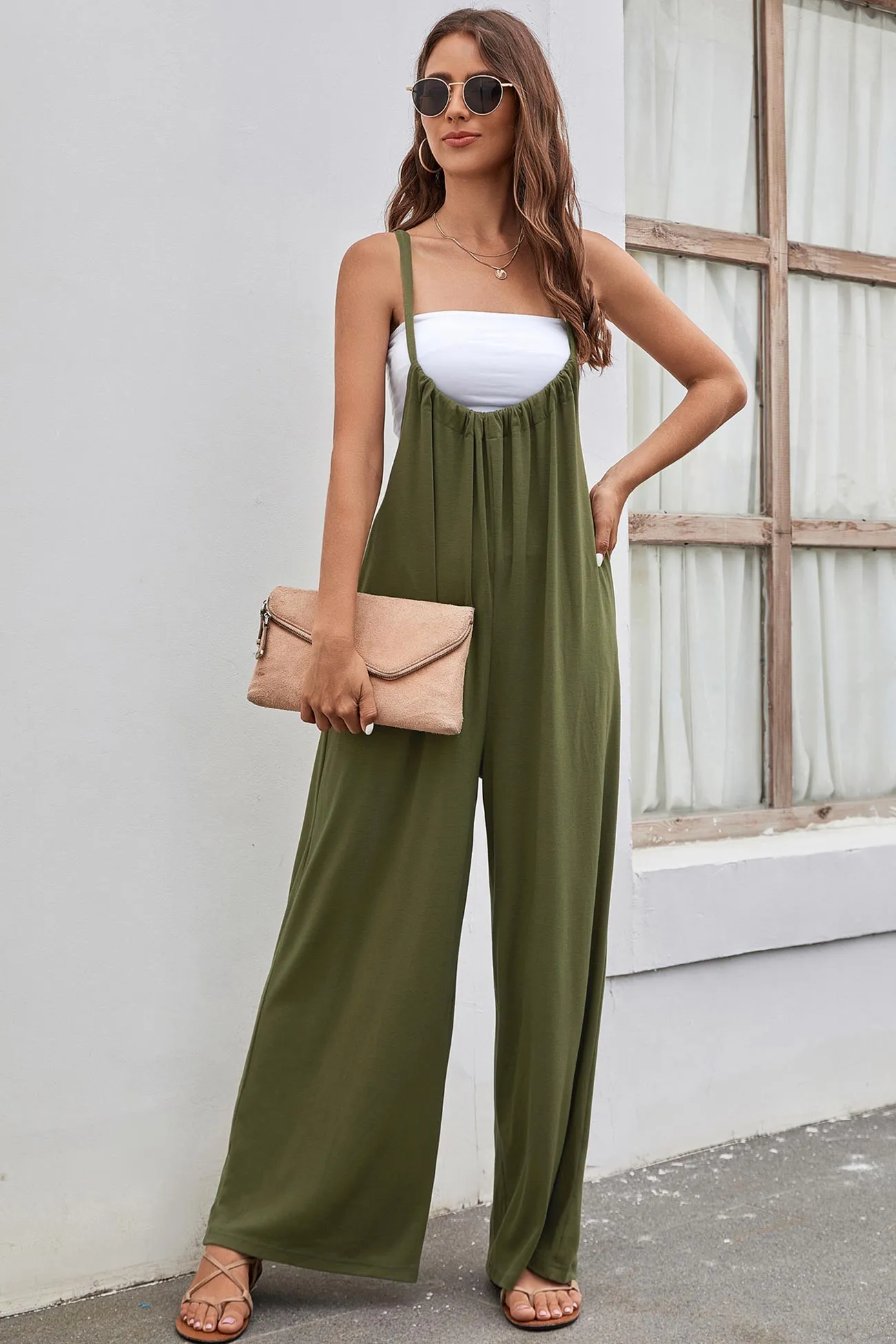 Solid Color Tie Back Wide Leg Jumpsuits