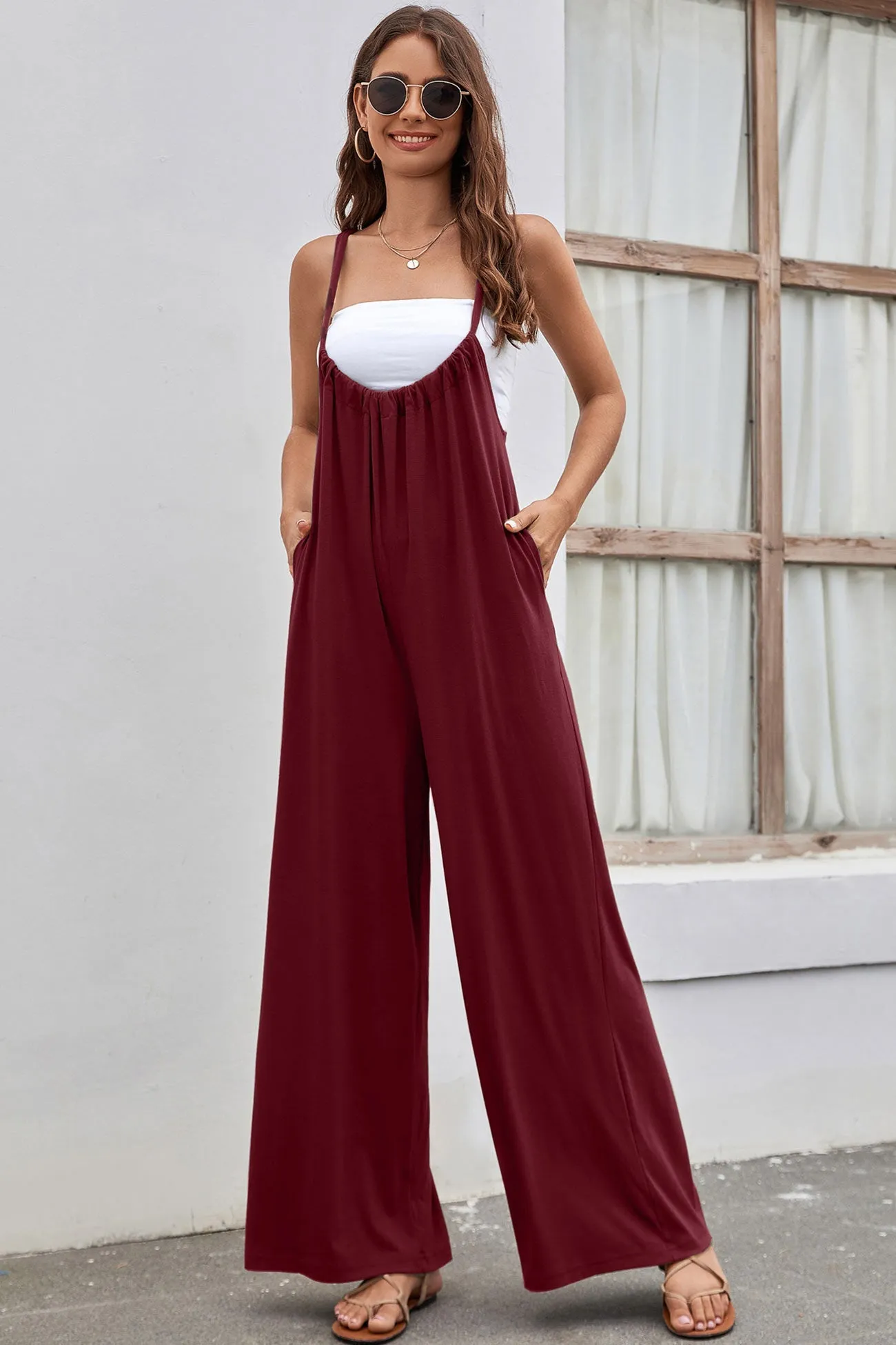 Solid Color Tie Back Wide Leg Jumpsuits