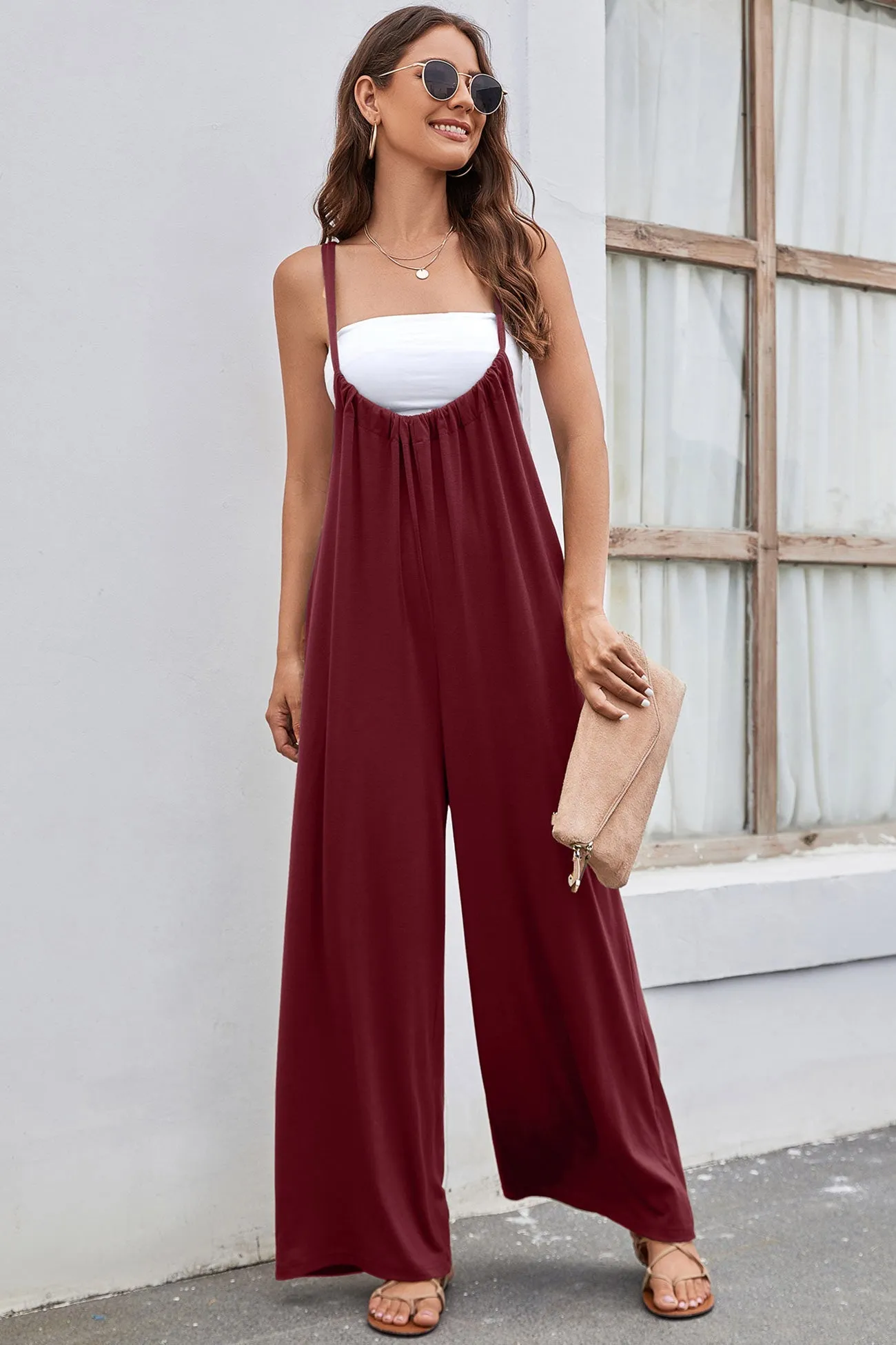 Solid Color Tie Back Wide Leg Jumpsuits