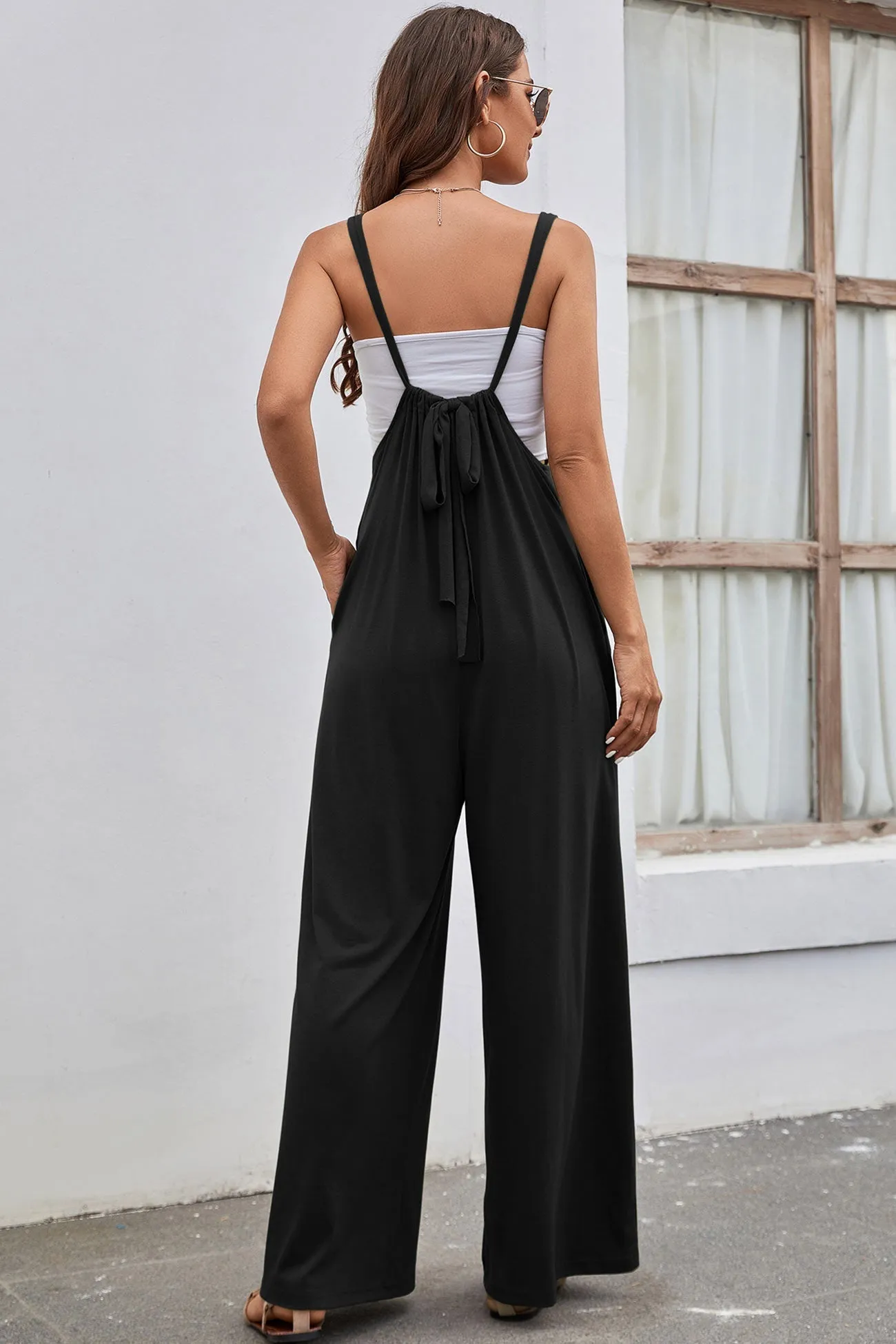 Solid Color Tie Back Wide Leg Jumpsuits