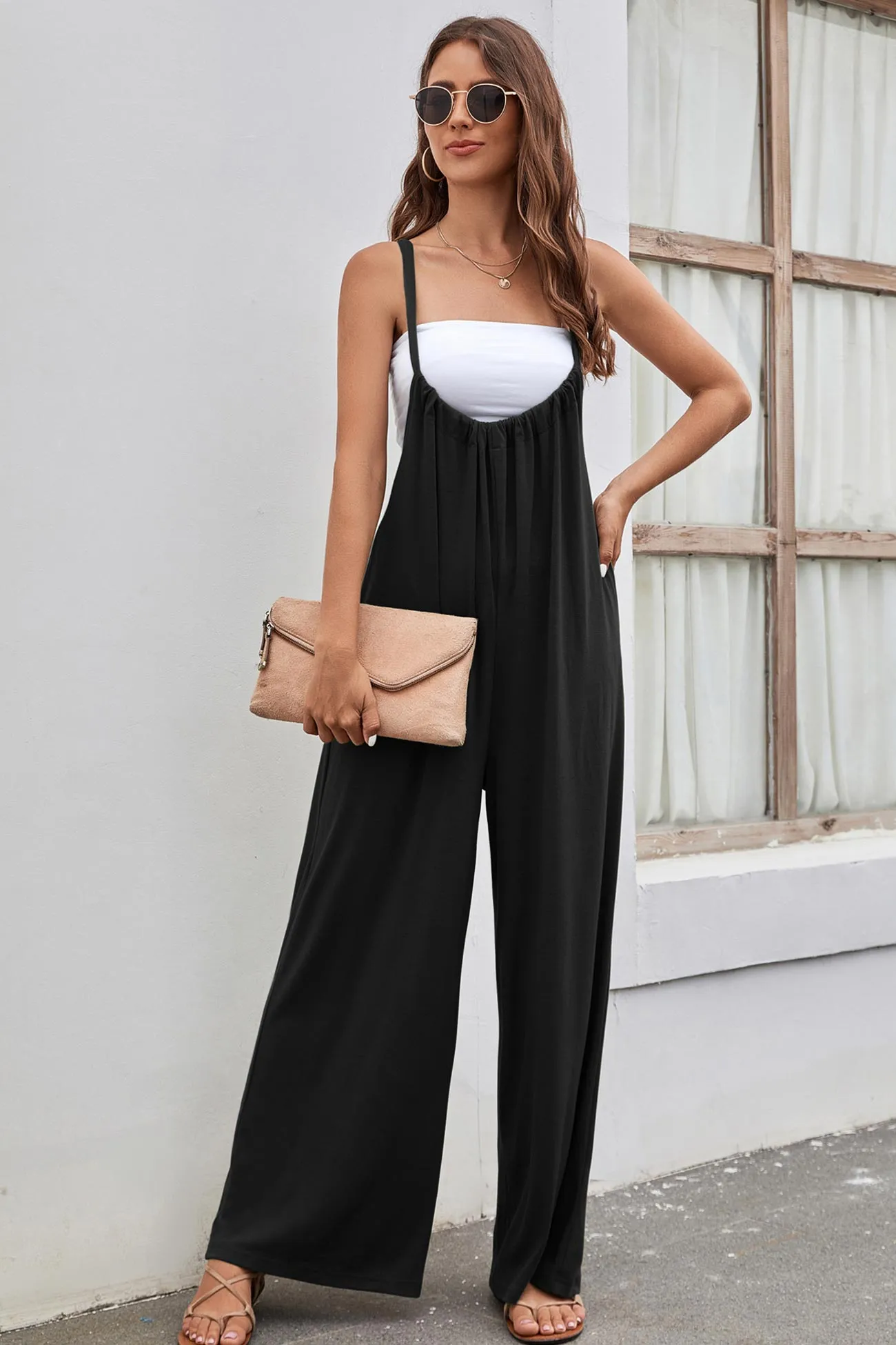 Solid Color Tie Back Wide Leg Jumpsuits