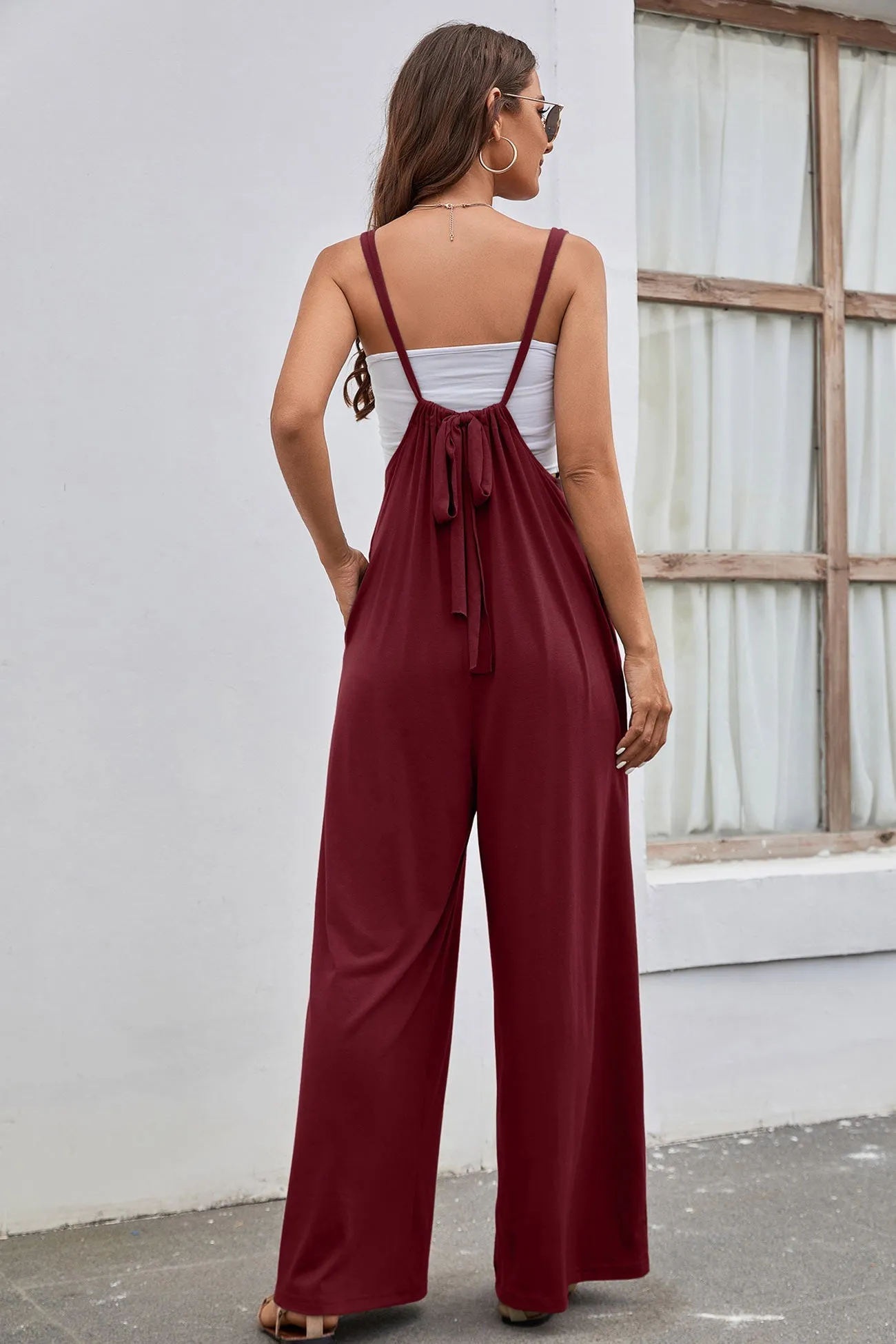 Solid Color Tie Back Wide Leg Jumpsuits