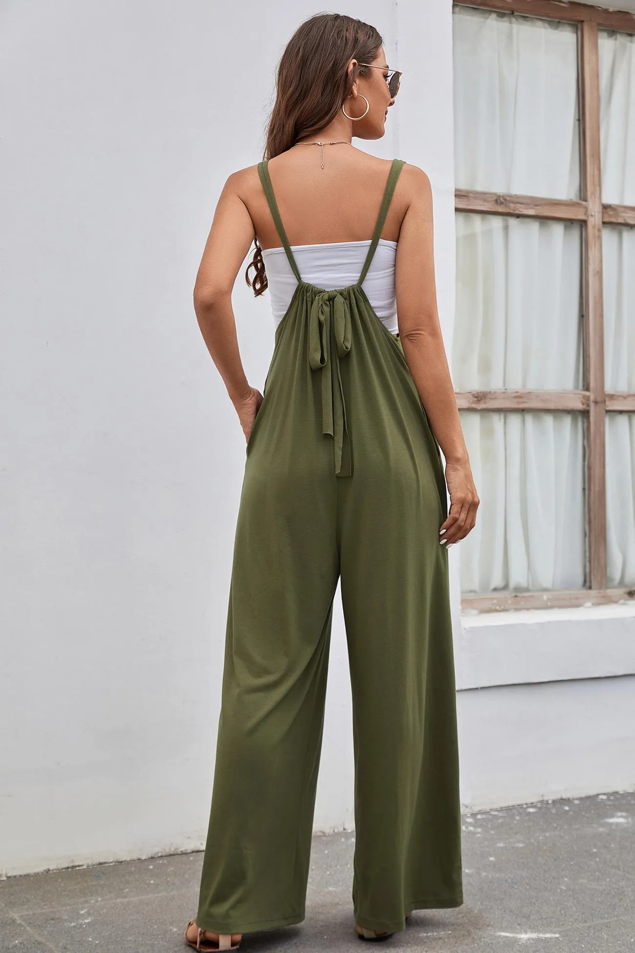 Solid Color Tie Back Wide Leg Jumpsuits