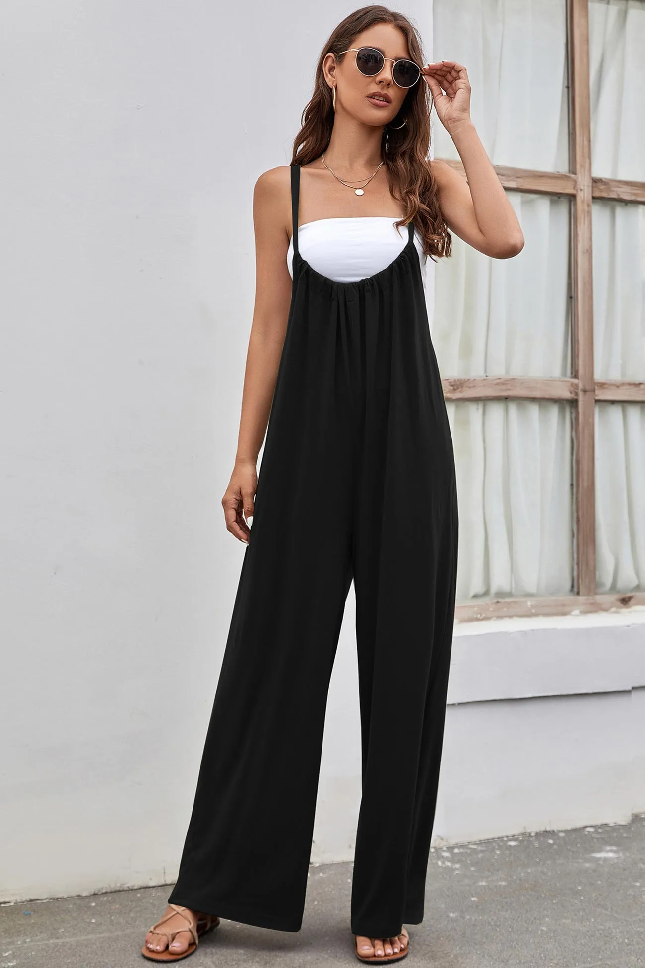 Solid Color Tie Back Wide Leg Jumpsuits