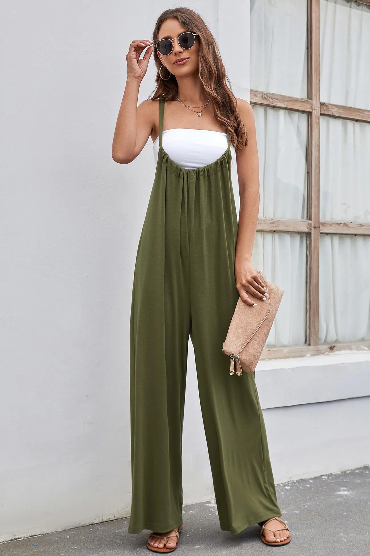 Solid Color Tie Back Wide Leg Jumpsuits