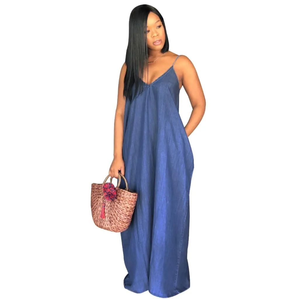 Solid V-Neck Maxi Denim Cami Long Dress