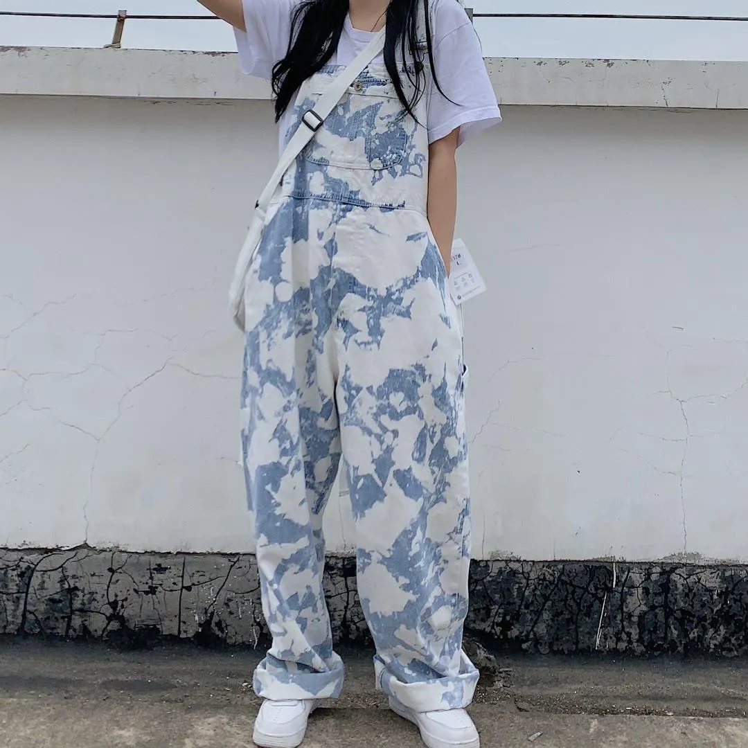 Street Hip-hop Harajuku Girl Cow Print Oneies For Women Black White Plaid Overalls Casual Jumpsuit Trousers Baggy Pants