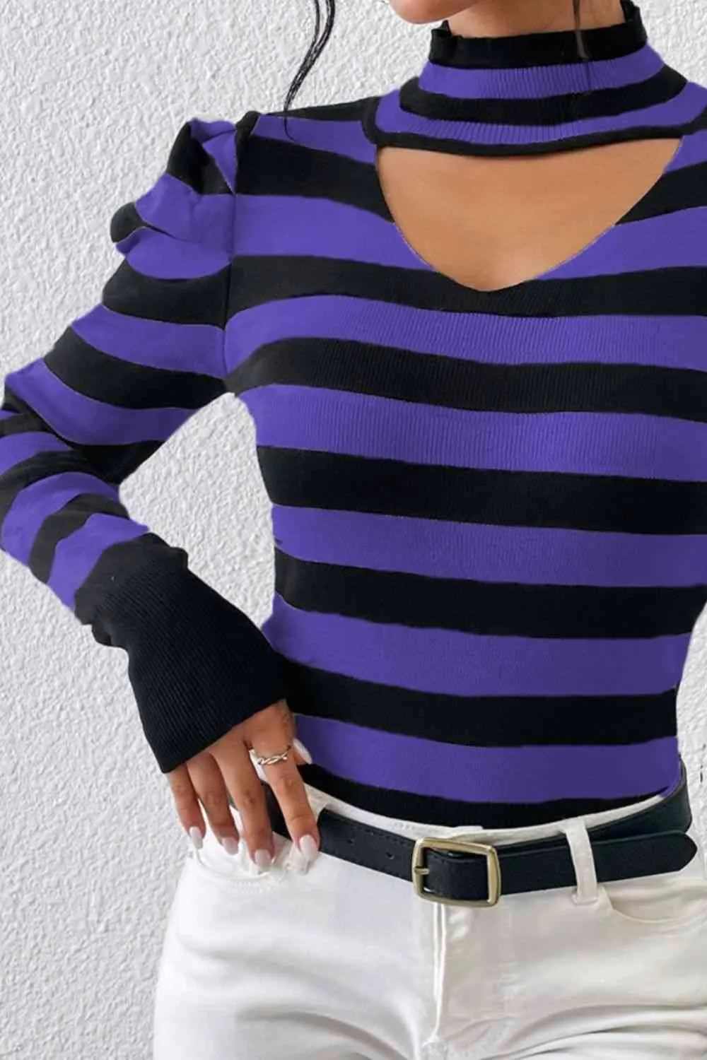 Striped Cutout Mock Neck Knit Top