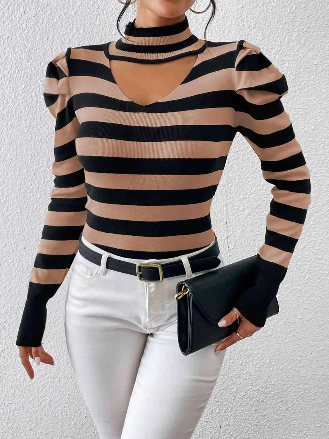 Striped Cutout Mock Neck Knit Top